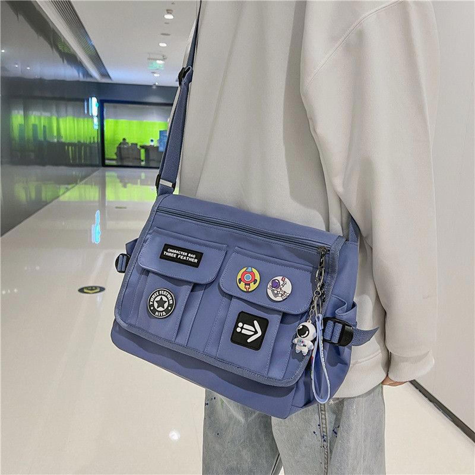 Blue Messenger Bag With Patches, Men's