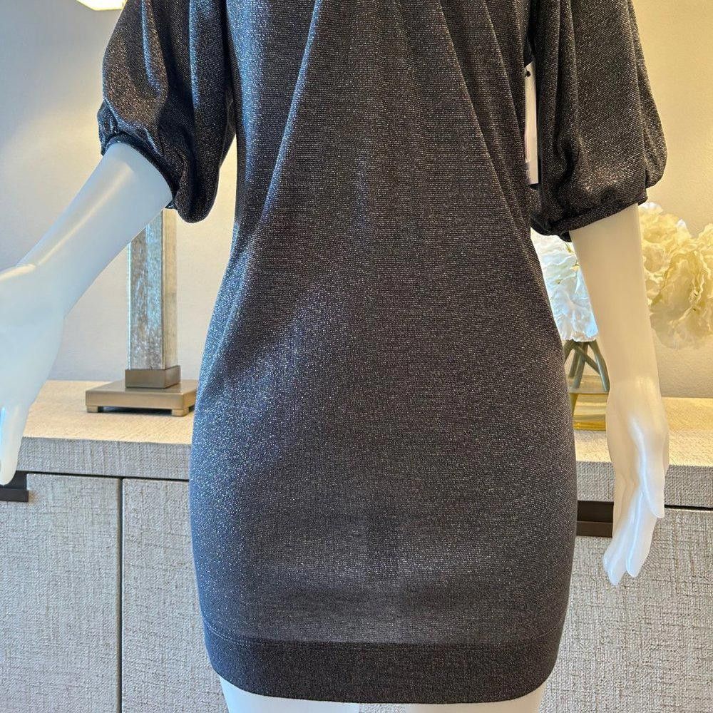 Designer Karlie Silver Metallic Mini Dress with Puffed Sleeves Size S / US 4 / IT 40 - 4 Thumbnail