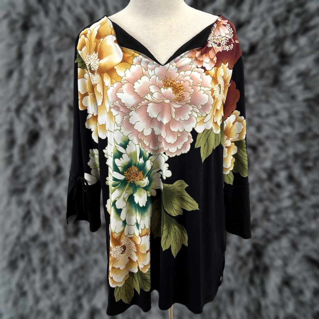 Vintage Chicos Black Floral Tunic Top Shirt Womens XL Bell Sleeve 3/4 Sleeve Pullover Blouse Casual Comfort Size XL / US 12-14 / IT 48-50 - 1 Thumbnail