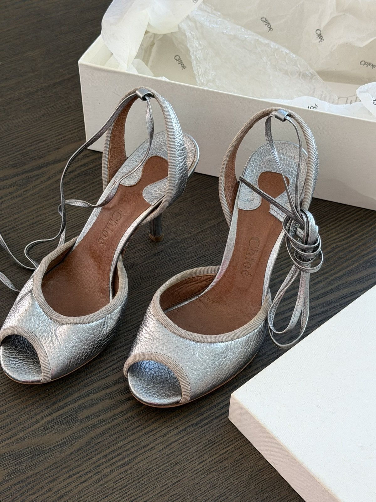 Chloe Chloé Silver Metallic Leather Peep-Toe Heels w/ Ankle Ties Size US 7 / IT 37 - 1 Thumbnail