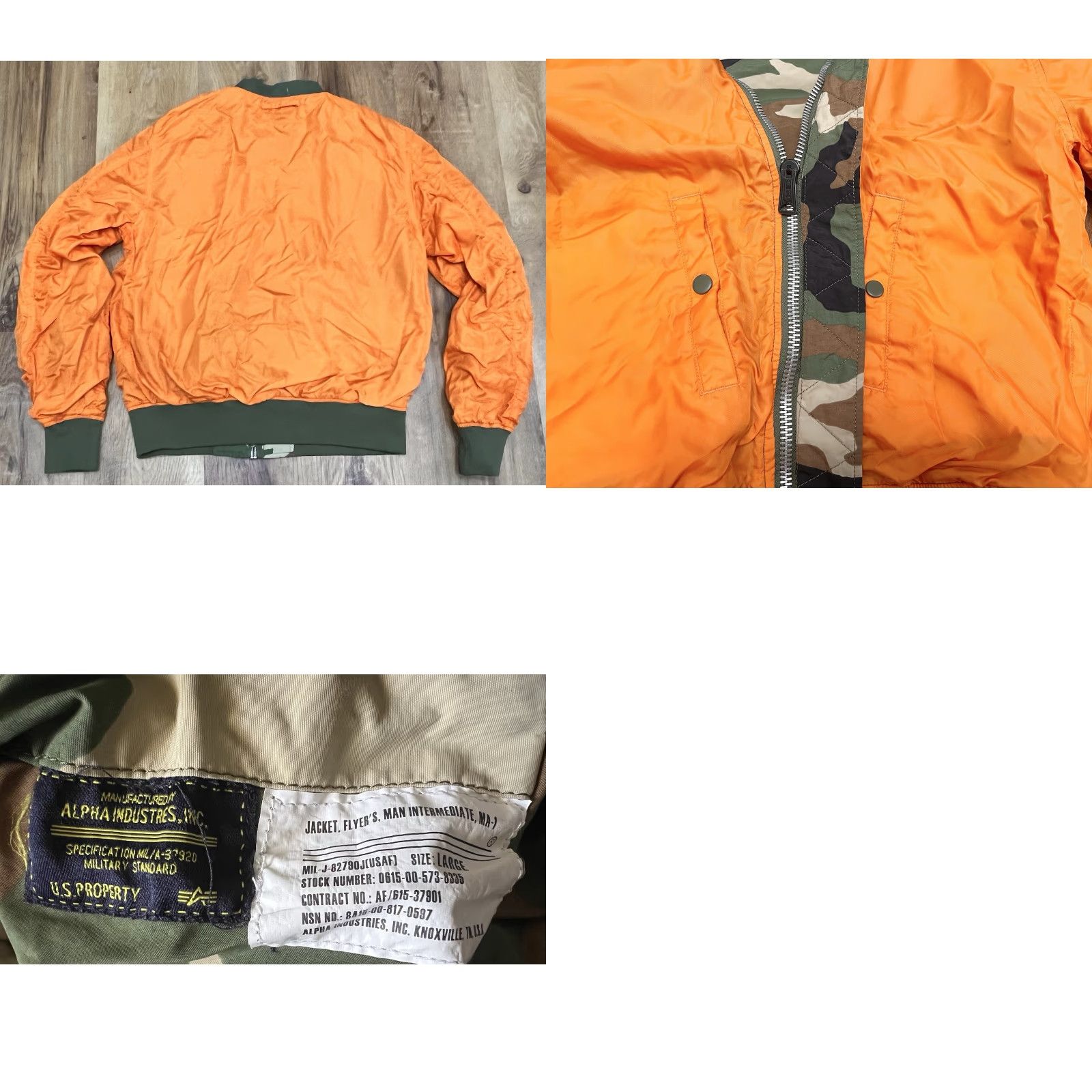 Alpha Industries VINTAGE Alpha Industries MA-1 Jackets Camouflage Reversible Bomber Jacket Men L Green Spring Fall Winter Reversible Pockets Zipper Size US L / EU 52-54 / 3 - 9 Thumbnail
