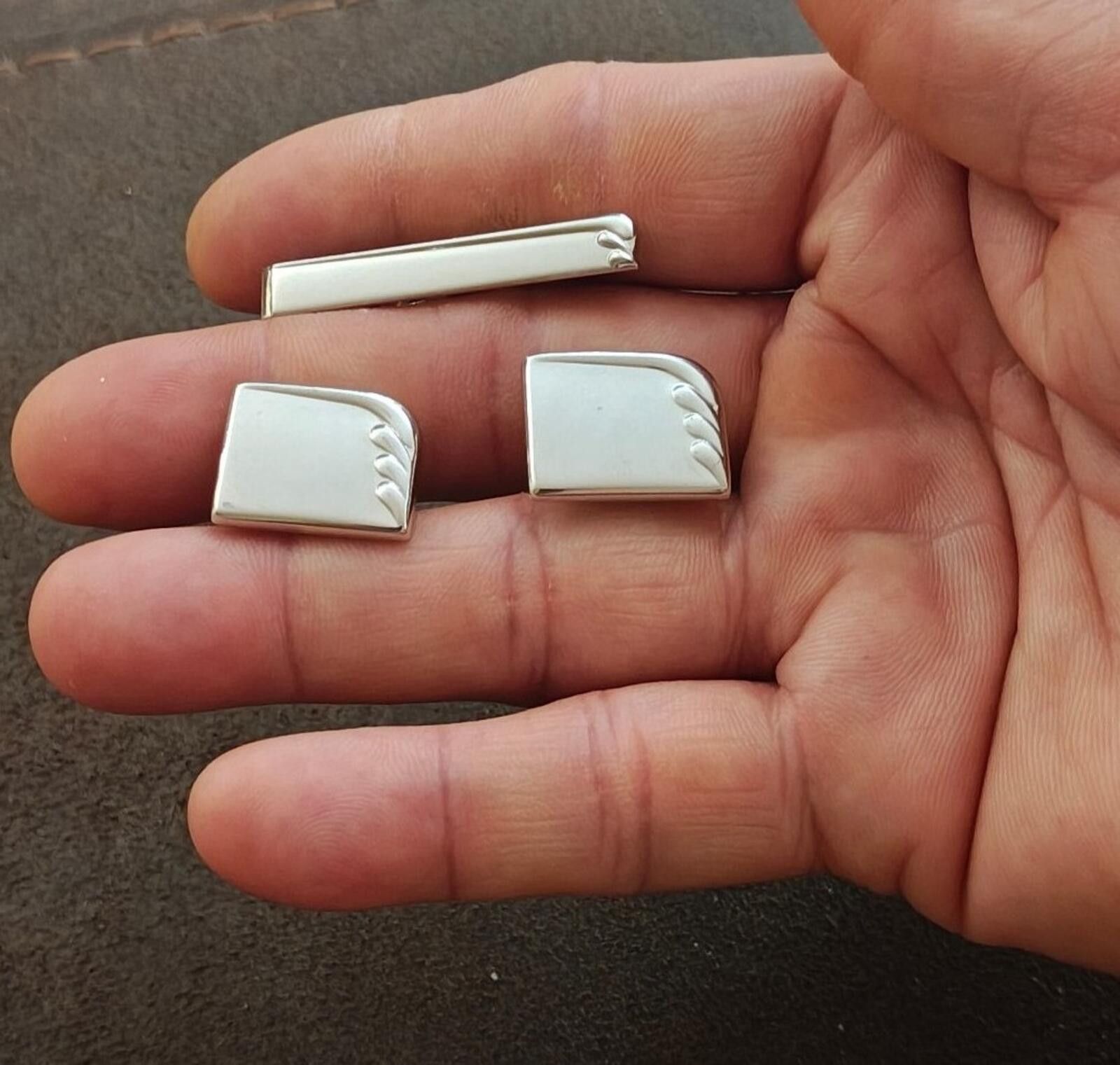 Other 1960s Silver Tone Art Deco Style Tie Bar Clip Cufflinks Set Size ONE SIZE - 3 Thumbnail