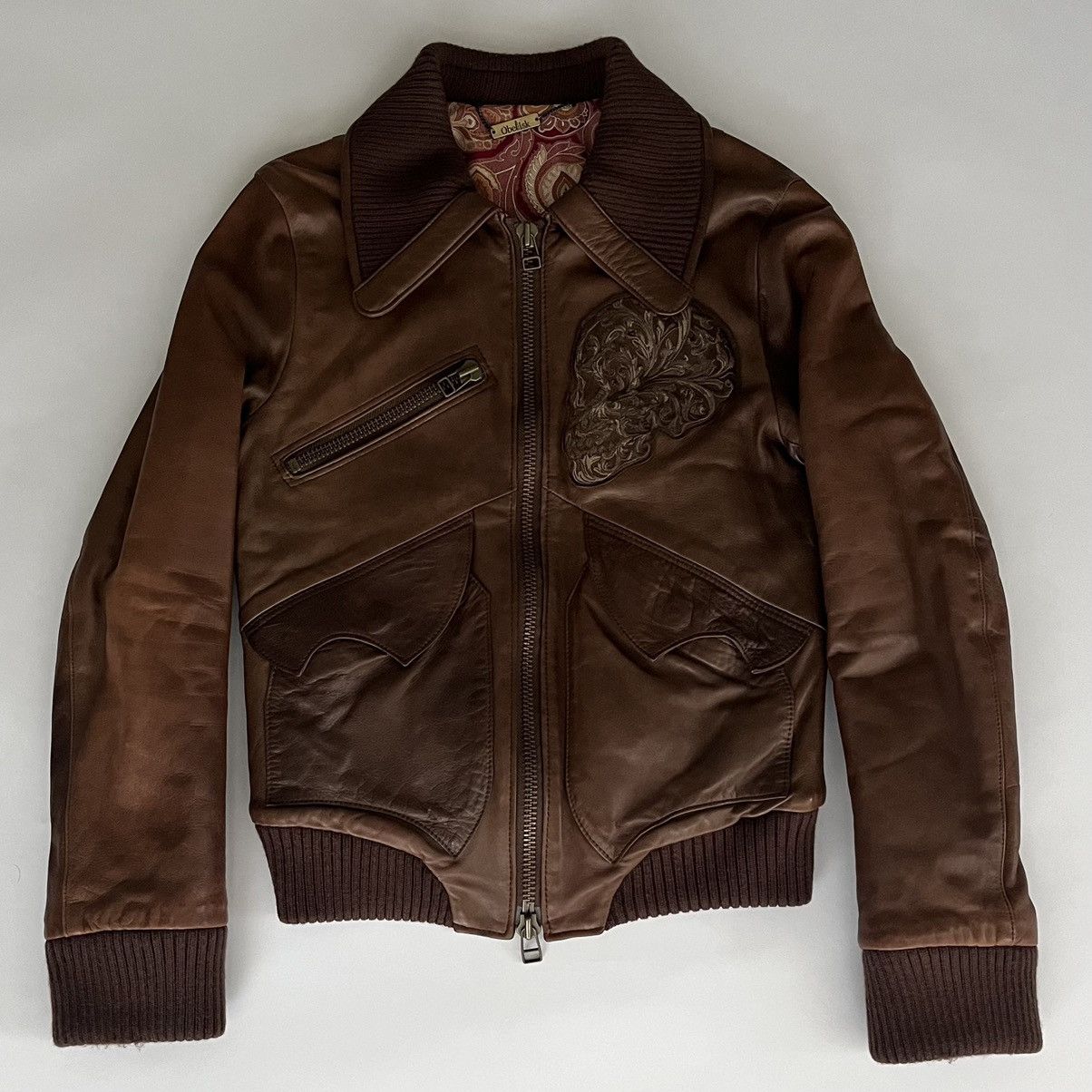 image of 14Th Addiction Obelisk Skull Embroidered Cowhide Leather Moto Jacket in Brown, Men's (Size Medium)