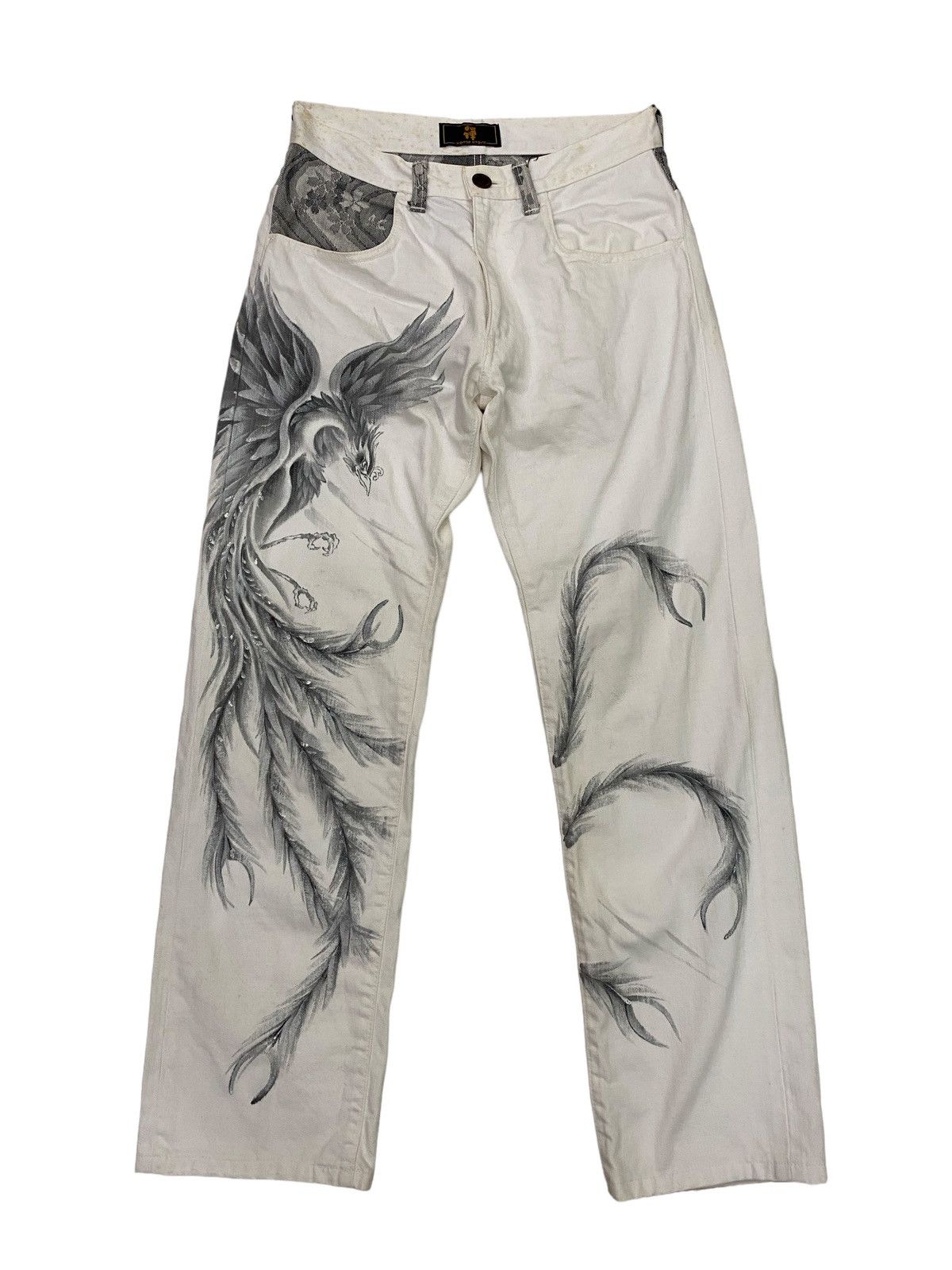 Vintage Kyoto Japan Bird Art White Denim Pant