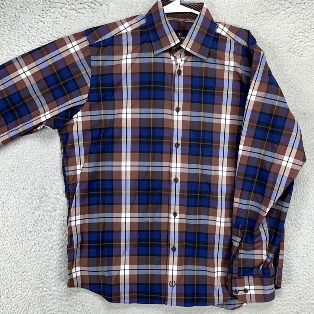 BUGATCHI Bugatchi Uomo Button-Up Shirt Adult Medium Navy Brown Plaid Long Sleeve Mens Size US M / EU 48-50 / 2 - 2 Thumbnail