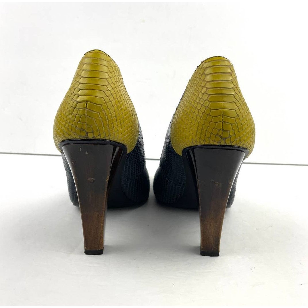 7 For All Mankind Wooden Heels Pumps Blue Yellow Snake Style 10 Leather Size US 9 / IT 39 - 10 Thumbnail