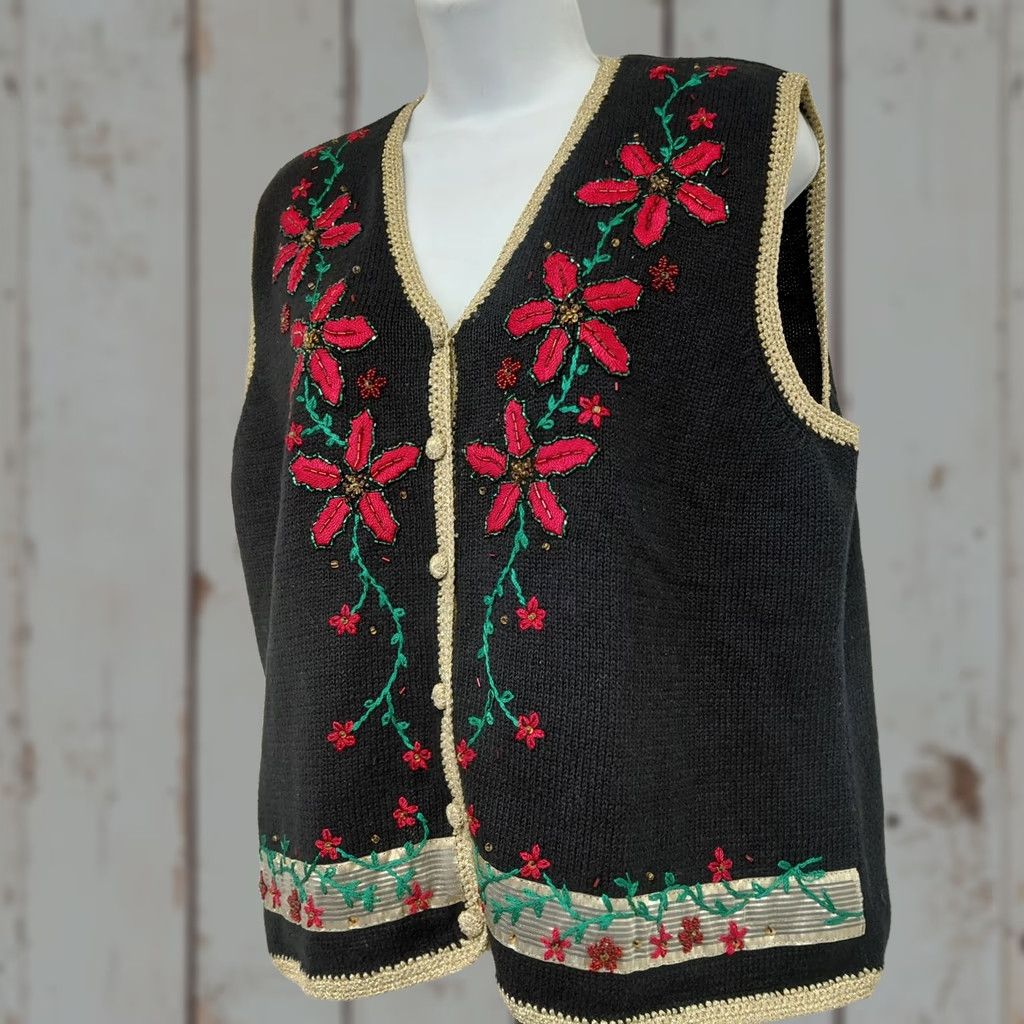 Vintage Vtg Studio Joy Vest Women’s P/XL Embellished Floral Christmas Knit Sleeveless Sweater Vest Size XL / US 12-14 / IT 48-50 - 1 Thumbnail