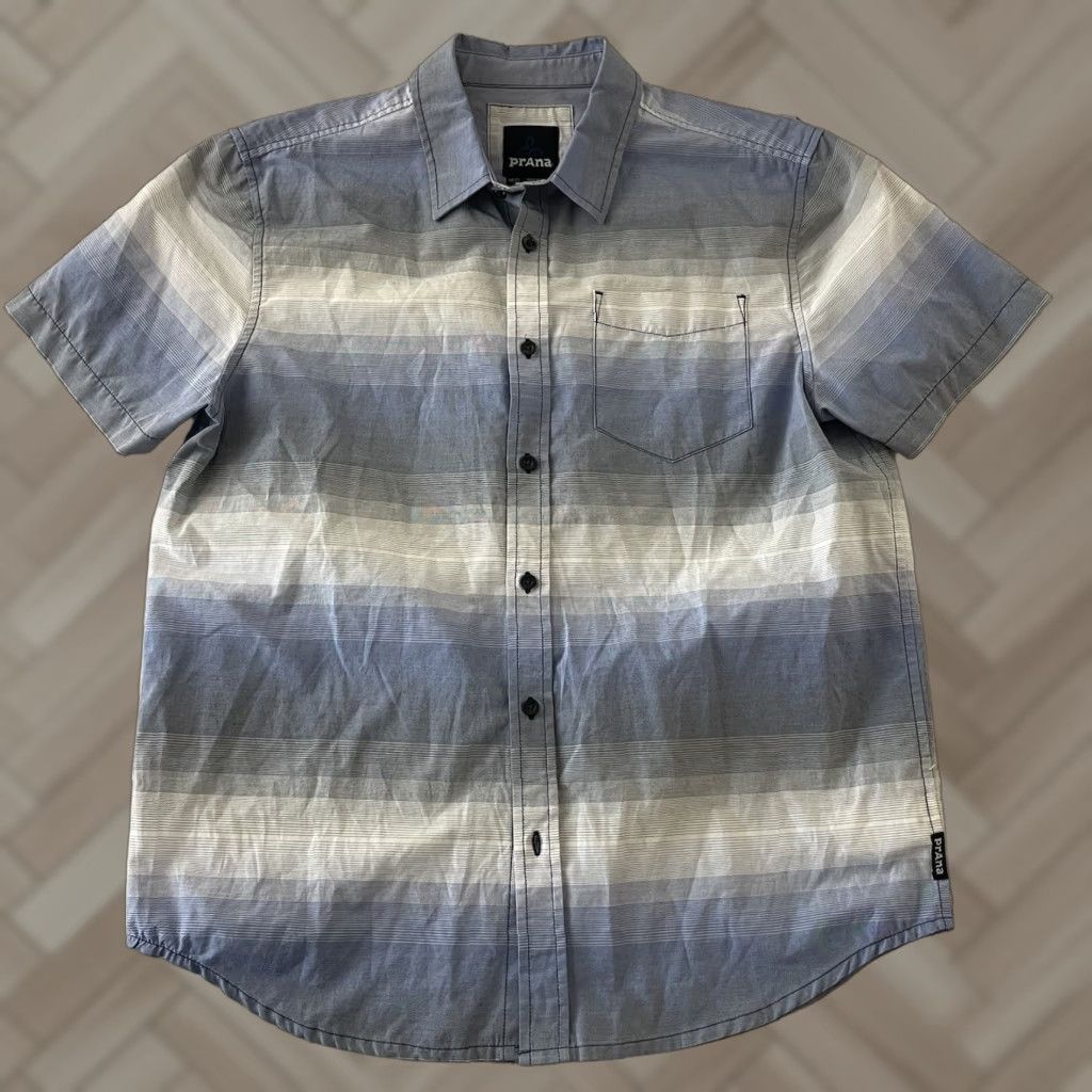 Prana prAna Striped Short Sleeve Button-Up Shirt Men M Blue Size US M / EU 48-50 / 2 - 1 Thumbnail