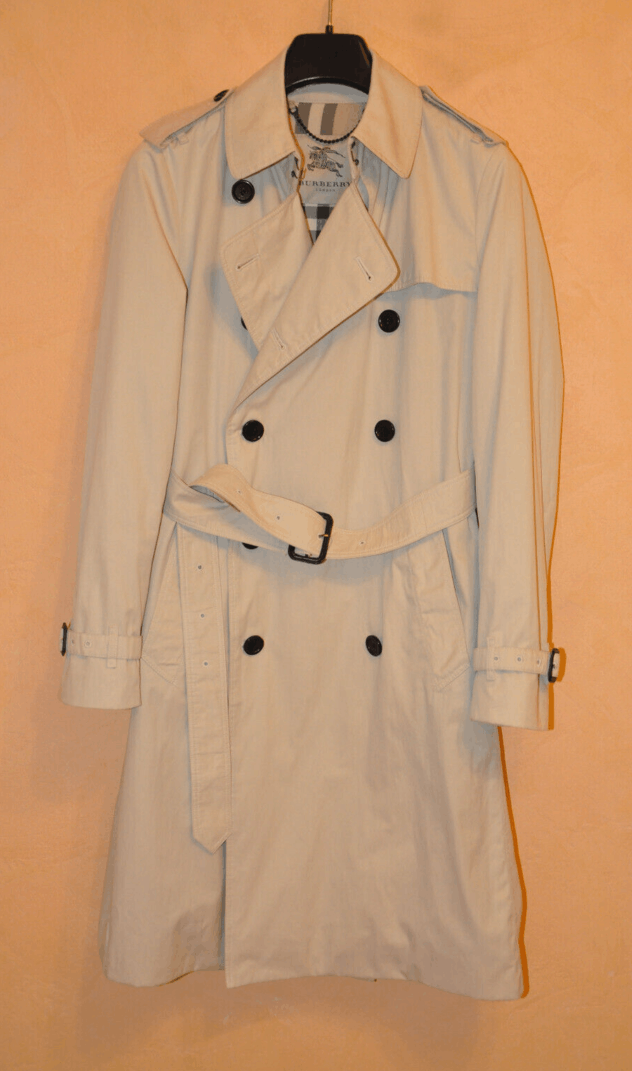 image of Burberry London Classic Nova Check Long Belted Trench Coat L-Xl in Stone, Men's