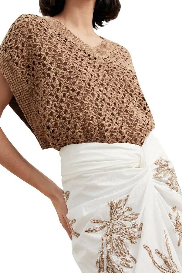 Brunello Cucinelli o1y0725 Embroidered Midi Skirt in White/Brown Size 30" / US 8 / IT 44 - 2 Thumbnail
