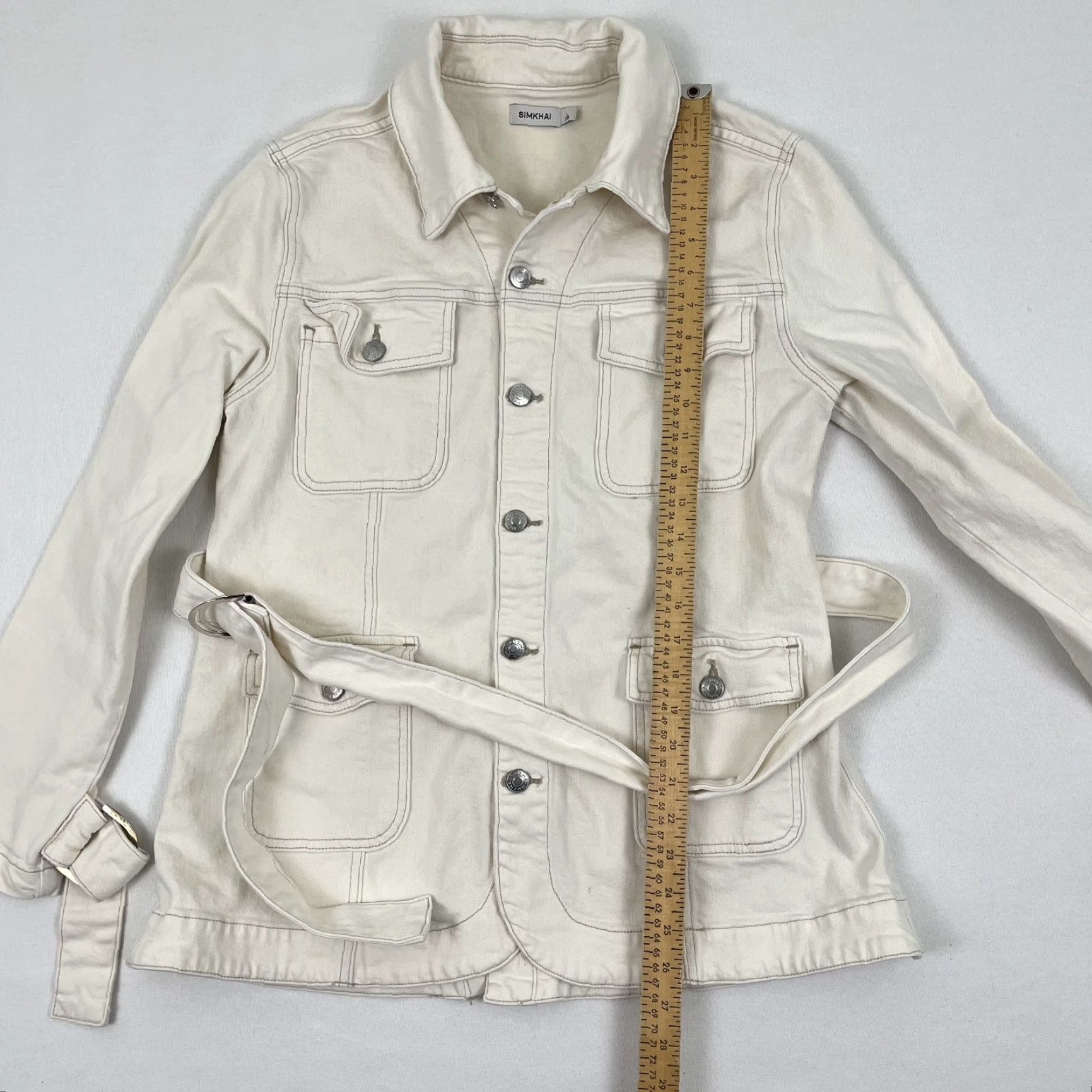 Vintage Simkhai Jacket Womens Large White Denim Belted Cargo Utility Cotton Classic Outdoor Size L / US 10 / IT 46 - 4 Thumbnail
