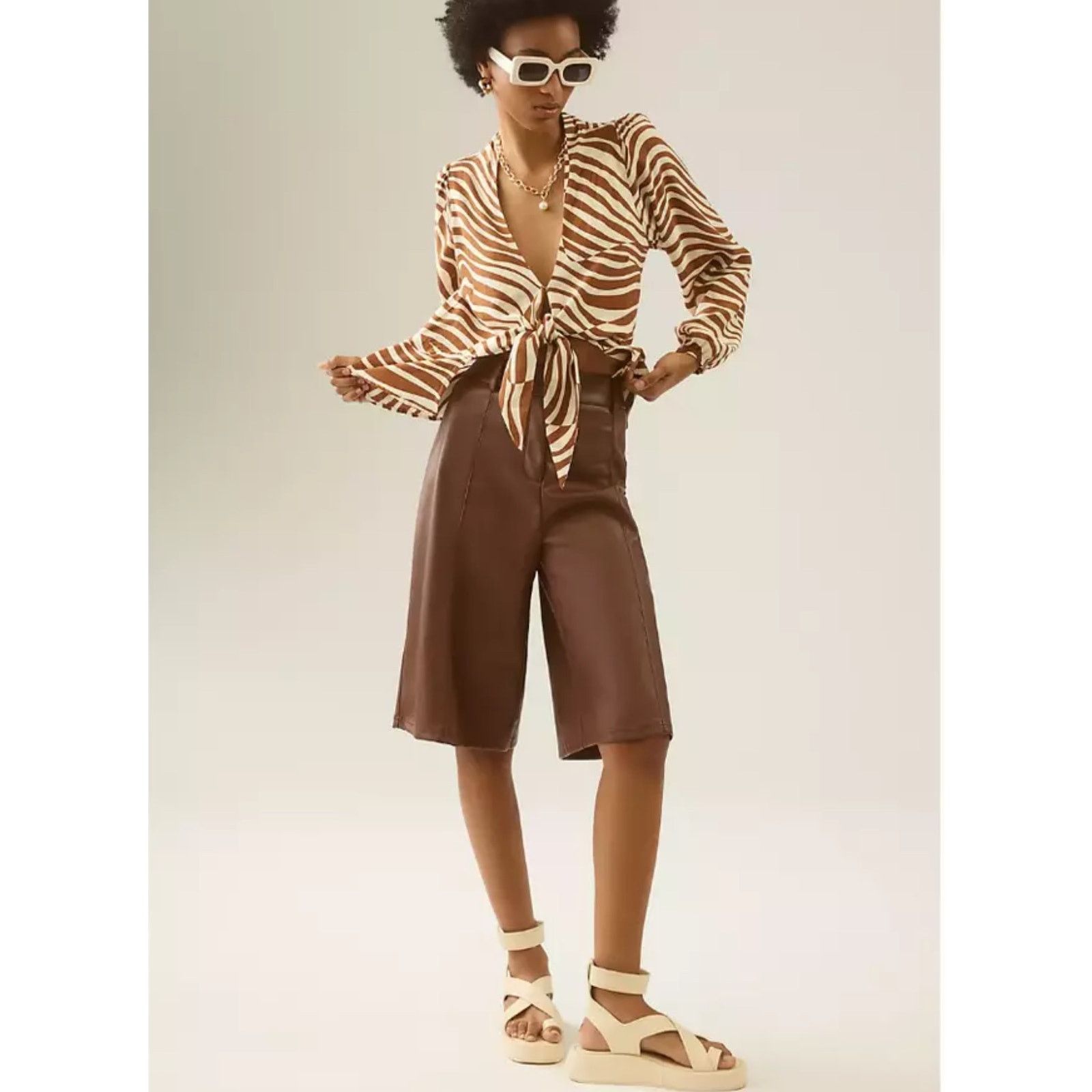 FAITHFULL NWT Faithfull The Brand Tie Blouse Brown White Print Sz 4 Size S / US 4 / IT 40 - 1 Thumbnail