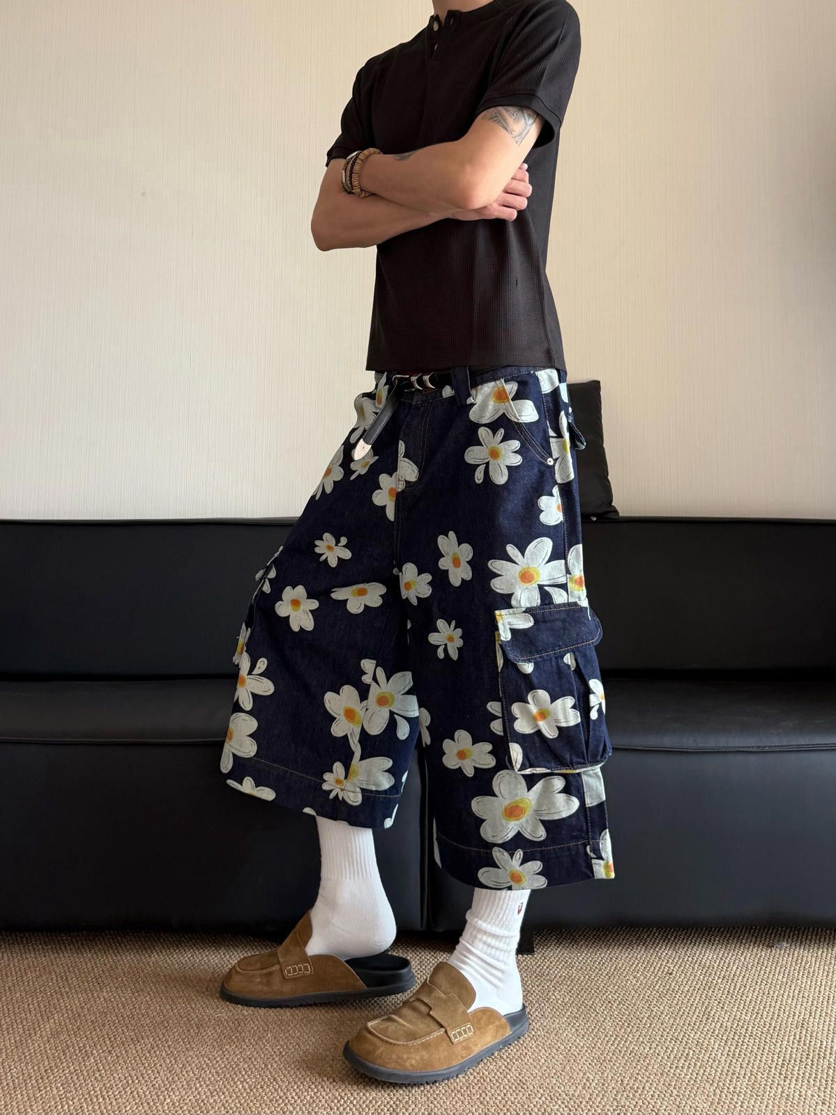 Floral Print Cargo Wide Leg Shorts, Wide Leg Jorts