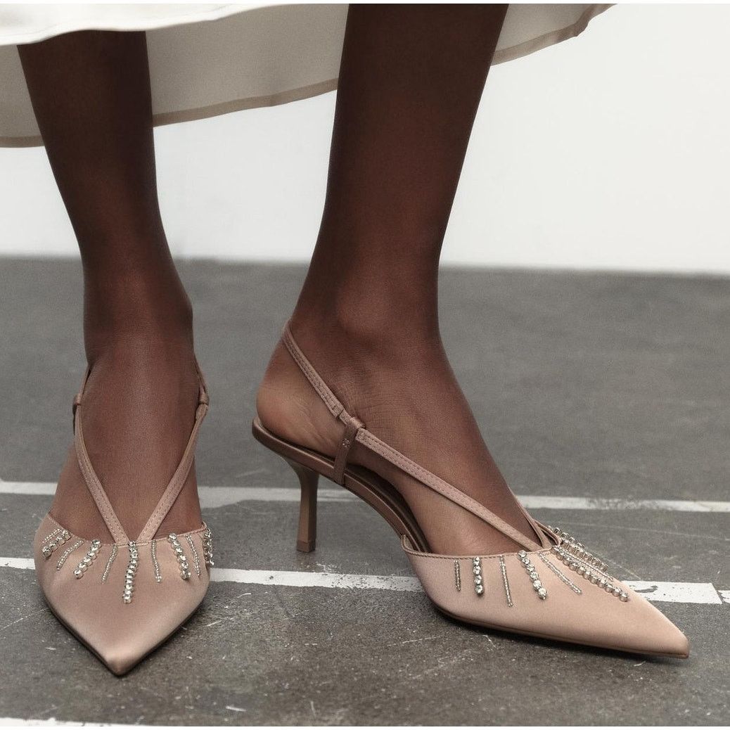 Zara ZARA Beige Rhinestone Slingback Heels NWT Size US 7.5 / IT 37.5 - 10 Thumbnail