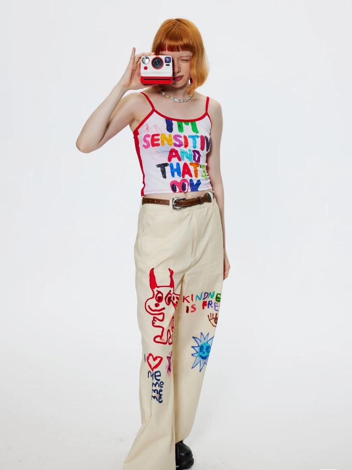 Japanese Brand Graphic "I'm Sensitive" Cami Top | Red Contrast Trim Size S / US 4 / IT 40 - 1 Thumbnail
