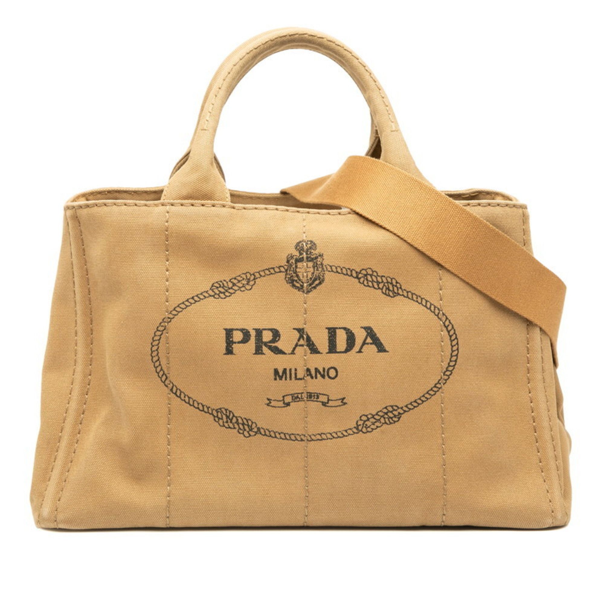 Prada Prada Canapa Corda Tote Bag/Shoulder Bag with Triangle Logo Plate, 2-Way, Brown Canvas, Women's Size ONE SIZE - 1 Thumbnail