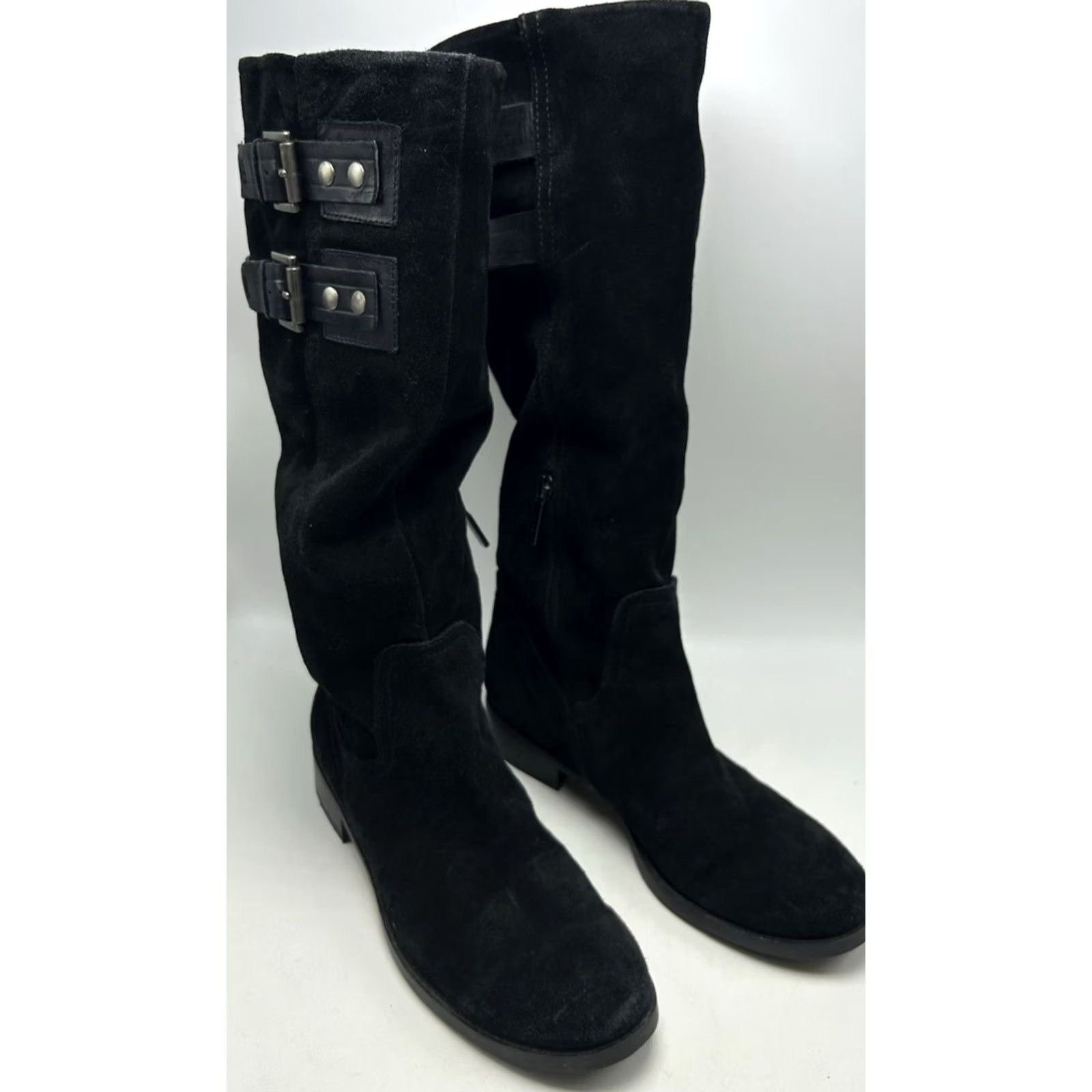 Nine West Nine West Riding Boots Womens 8.5 M Tumble Black Suede Side Zip Buckles Goth Boots Size US 9 / IT 39 - 3 Thumbnail