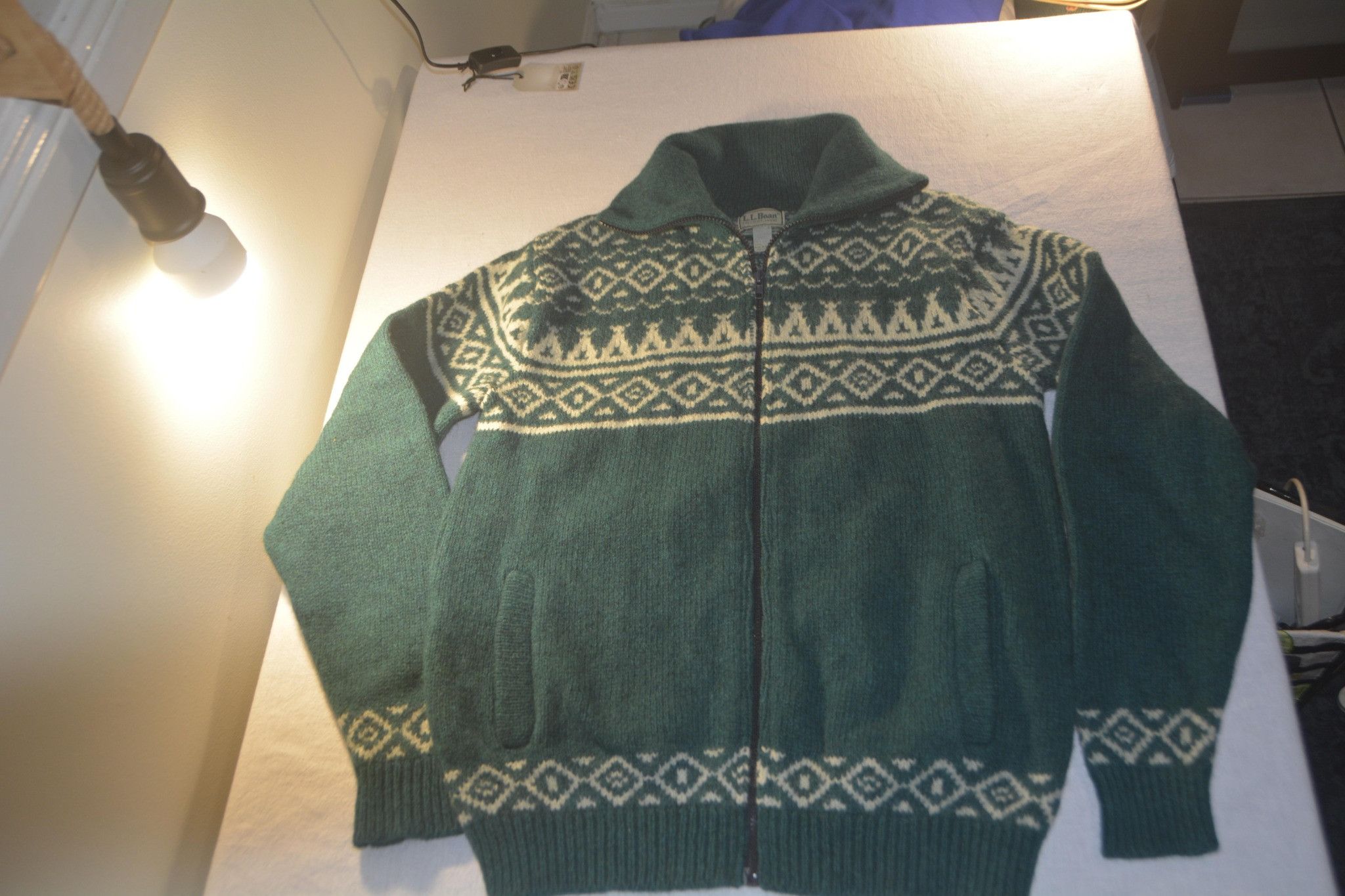 L.L. Bean L.L.Bean Wool Full-Zip Sweater Green Nordic Pattern Size US L / EU 52-54 / 3 - 3 Thumbnail