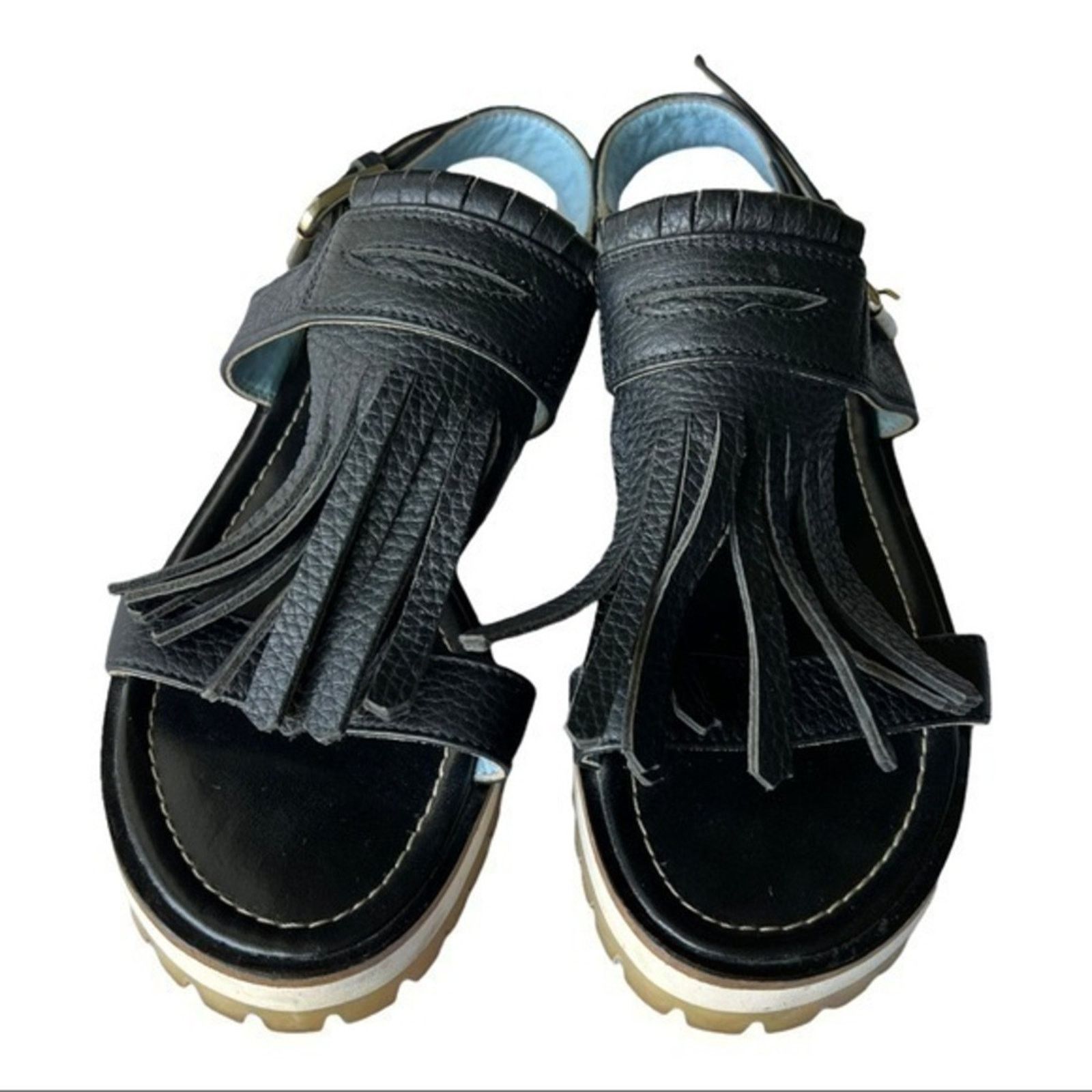 Pollini Studio Pollini Black Platform Leather Sandals Fringe Size 37 Size US 7 / IT 37 - 2 Thumbnail