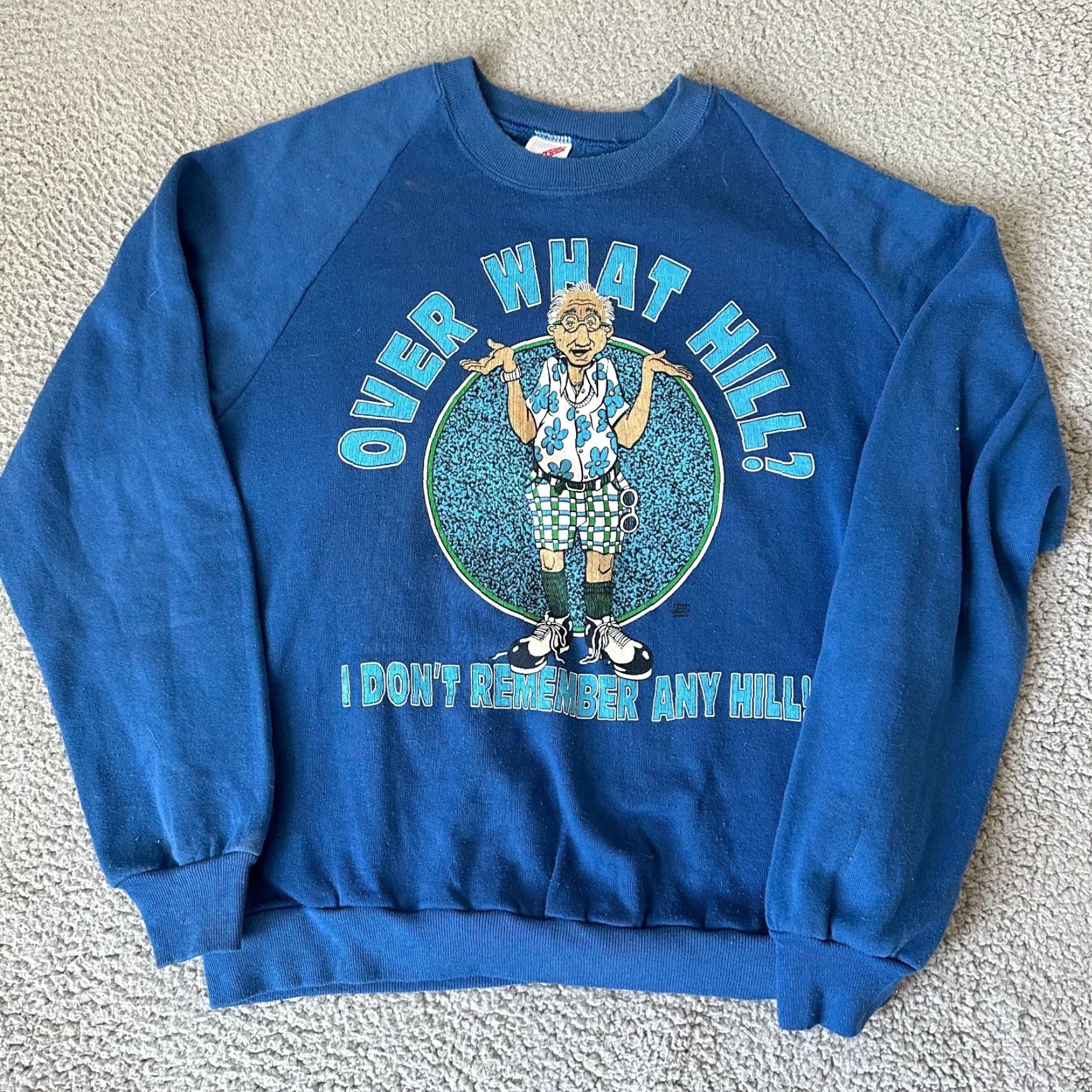VINTAGE Jerzees Sweatshirt Mens Large Blue Old Man Over the Hill Sweater Mens