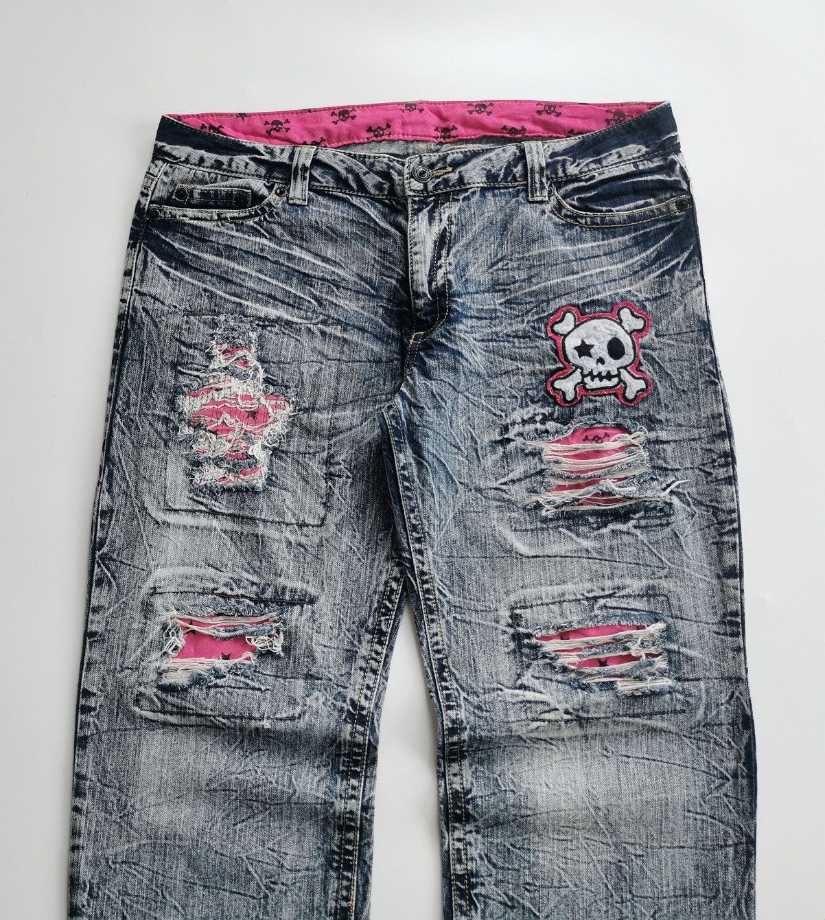 Other Pink Skull Patchwork Boro Denim Jeans Size US 37 - 2 Thumbnail