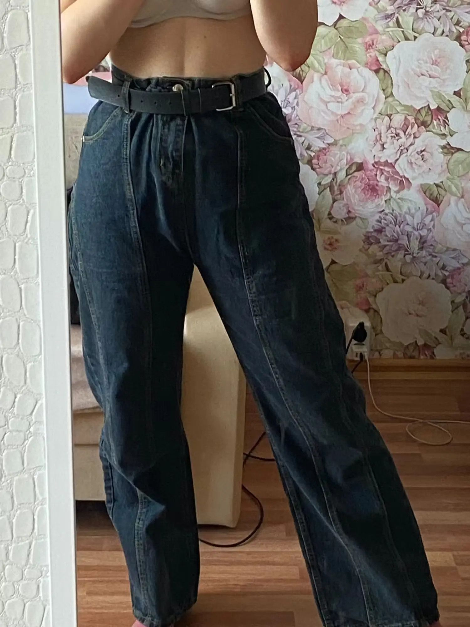 image of High Waist Vintage Straight Baggy Denim Pants in Deep Blue, Women's (Size 24)