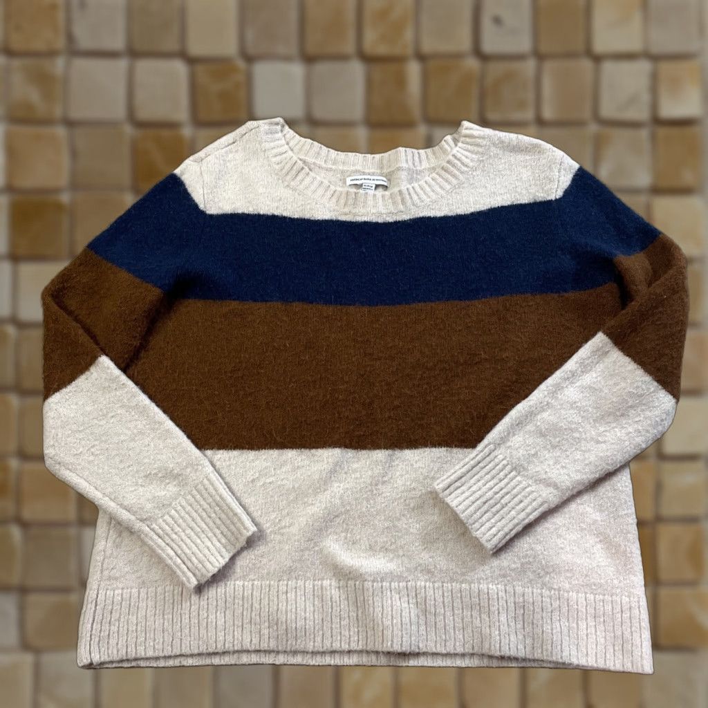 American Eagle Outfitters American Eagle Sweater Women Medium Blue Tan Pullover Striped Knit Size M / US 6-8 / IT 42-44 - 1 Thumbnail