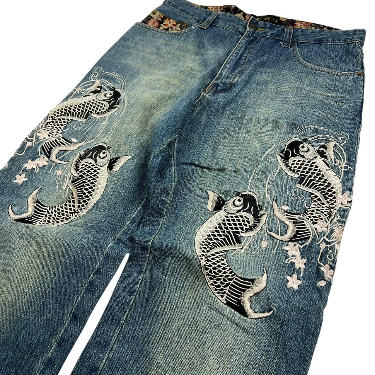 Karakuri Tamashii Vintage Embroidered Koi Fish Japanese Denim Jeans - Waist 32 Size US 32 / EU 48 - 2 Thumbnail