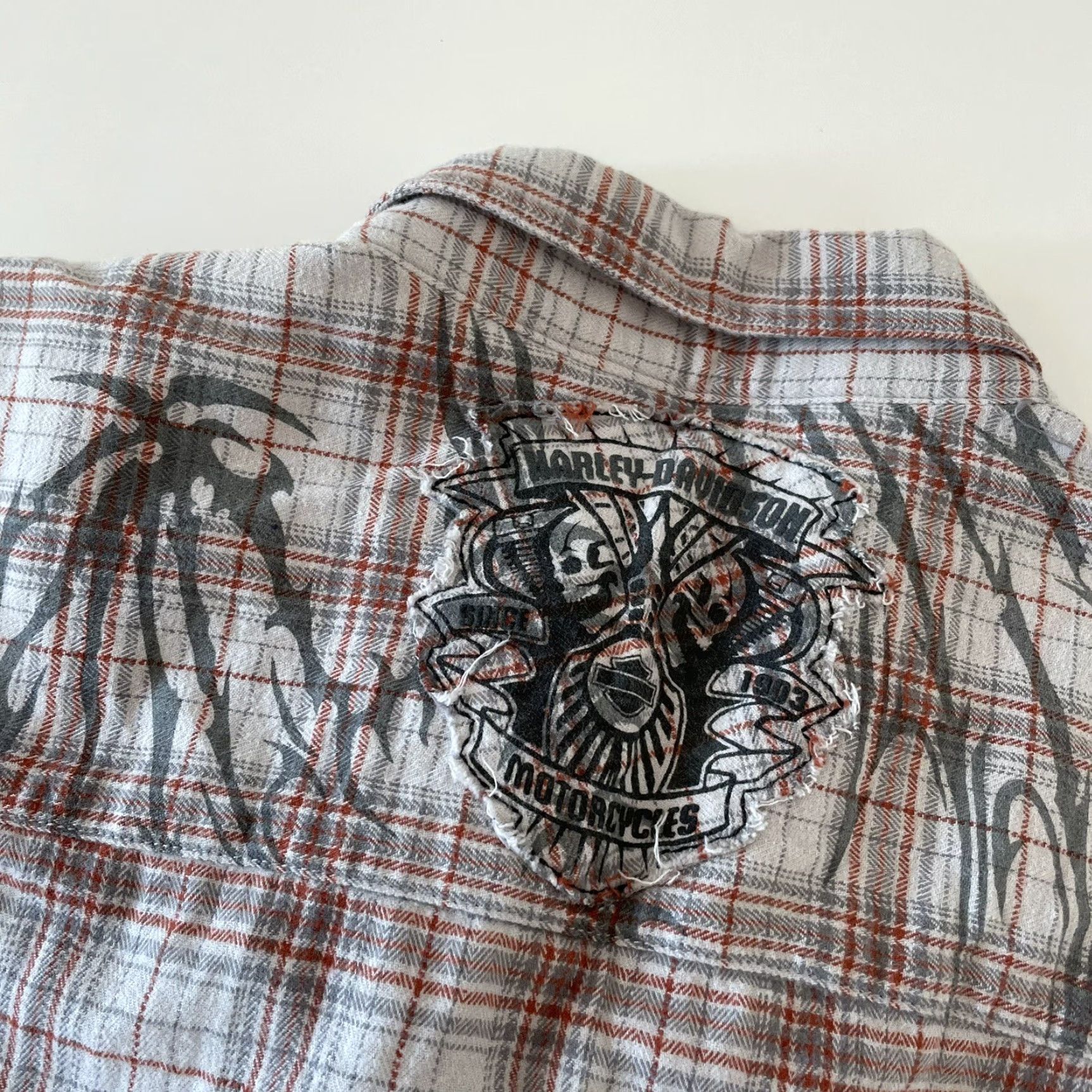 Harley Davidson Harley-Davidson Short Sleeve Plaid Flannel Button-Up Shirt Mens L Beige Gray Size US L / EU 52-54 / 3 - 7 Thumbnail