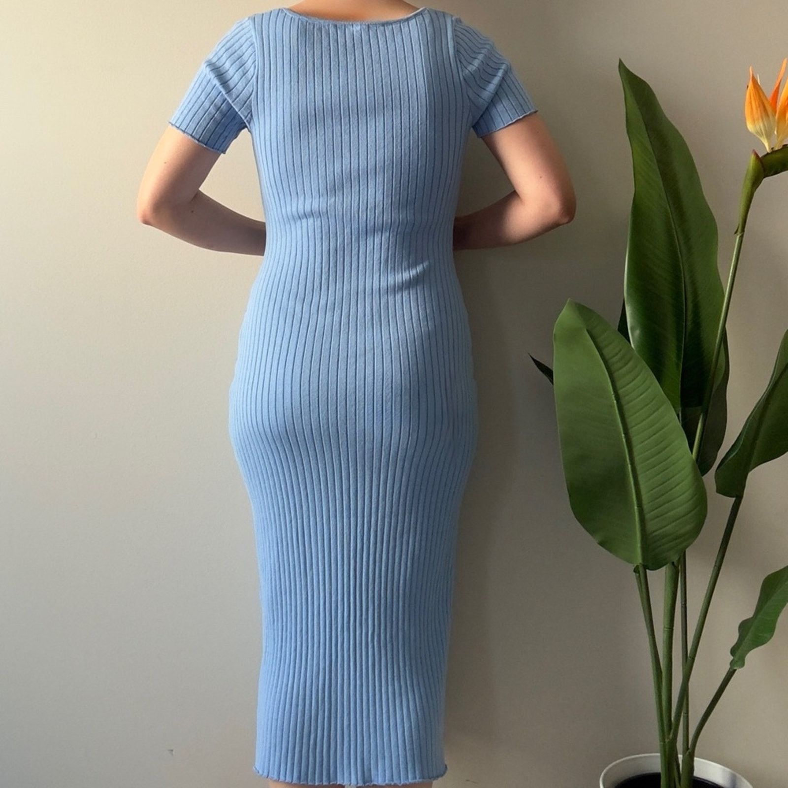 H&M H&M Divided Light Blue Ribbed Midi Dress Slit Sides Solid M Size M / US 6-8 / IT 42-44 - 2 Thumbnail