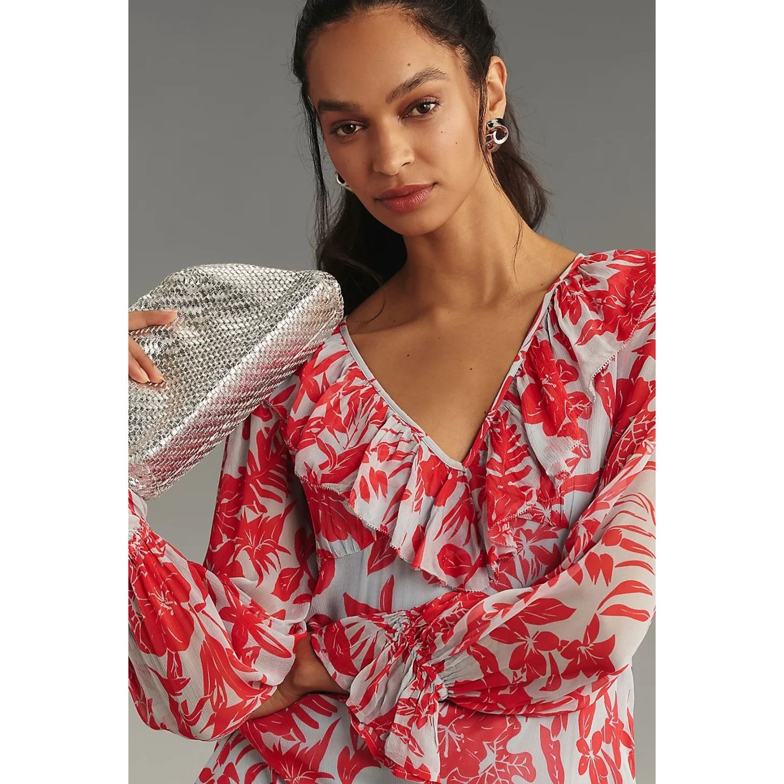 Anthropologie New Anthropologie Long-Sleeve V-Neck Chiffon Midi Dress Size M / US 6-8 / IT 42-44 - 2 Thumbnail