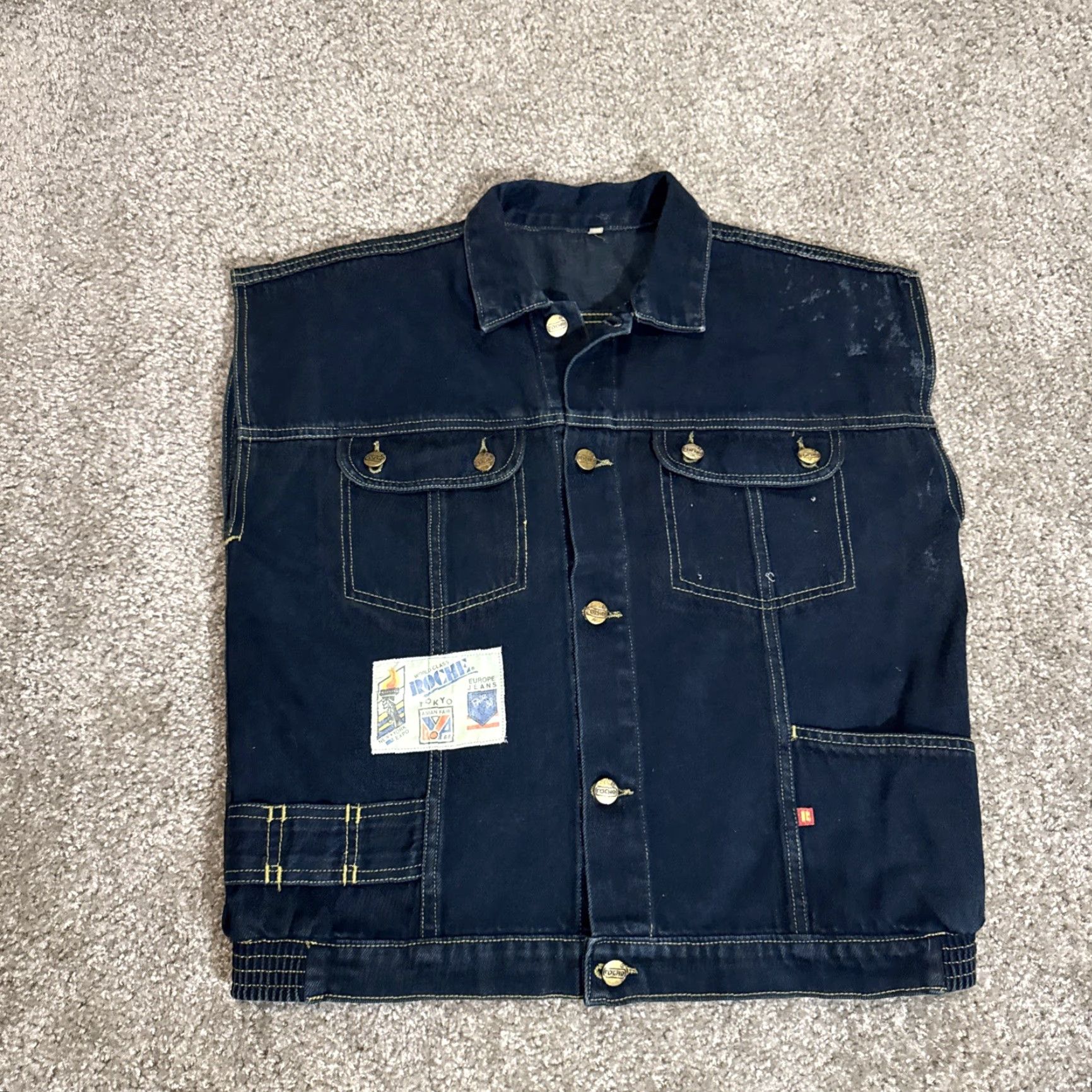 Denime VINTAGE 90s Dark Wash Denim Roche Jean Button Front Vest Large Women Size 36" / US 14 / IT 50 - 3 Thumbnail