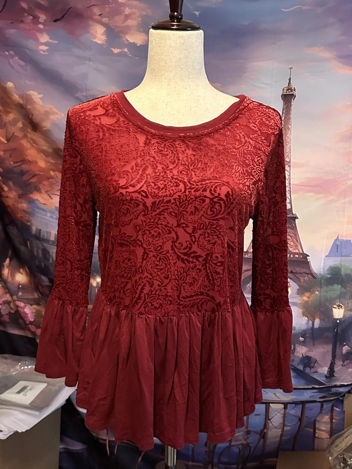 Other Altar'd State Red Velvet Burnout Peplum Top - Size L Size L / US 10 / IT 46 - 2 Thumbnail