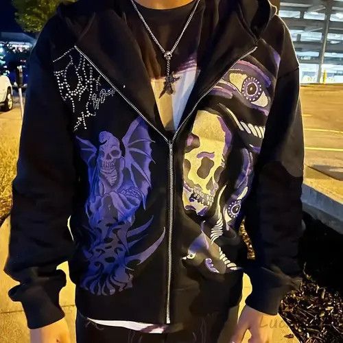 Japanese Brand Rhinestone Gothic Print Zip Up Hoodie Punk Rock Style Size US L / EU 52-54 / 3 - 8 Thumbnail