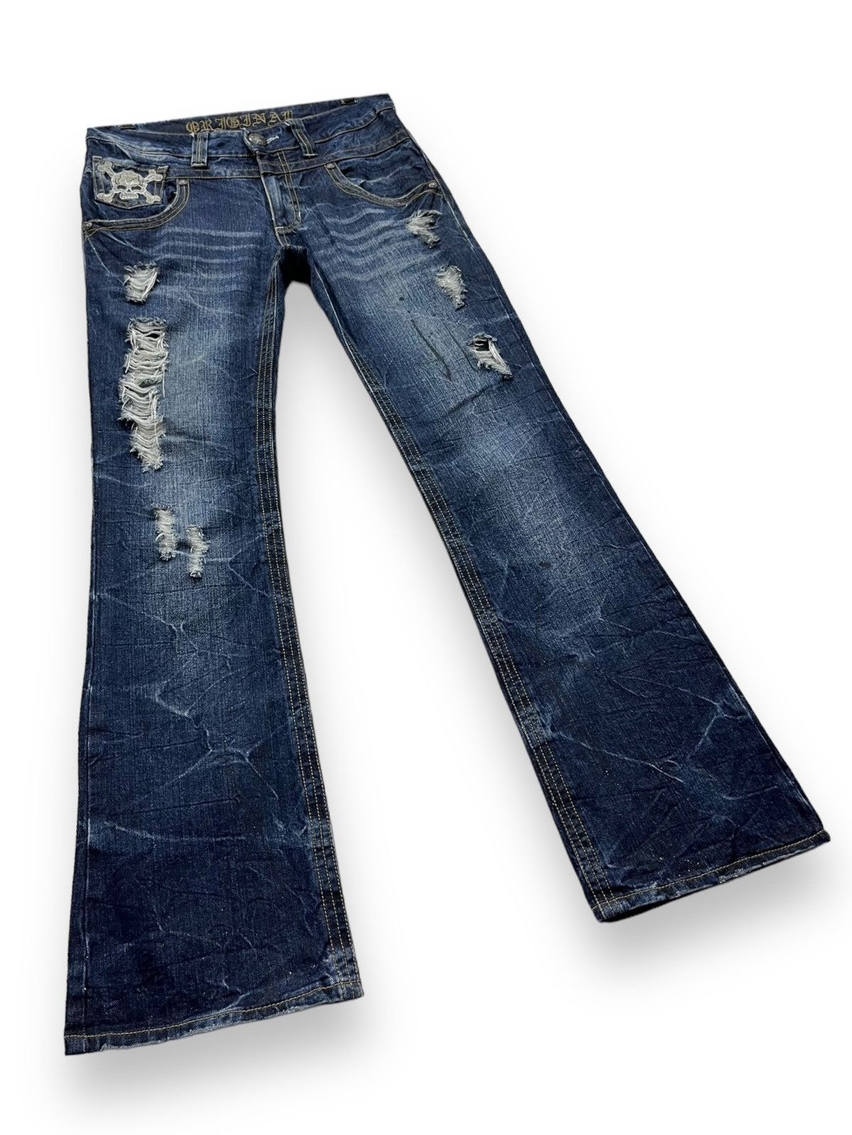 FLARE🔥 S&B Skull Embroidery Distressed Ripped Denim Pants