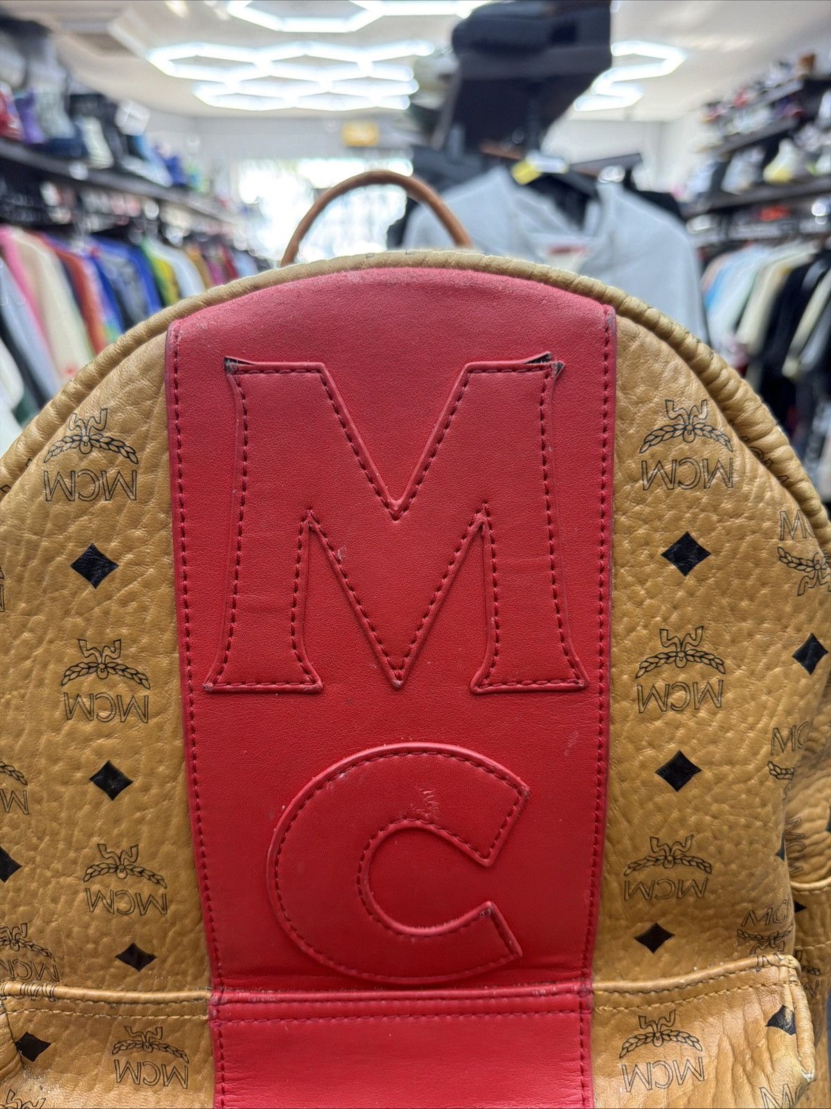 MCM MCM Visetos Medium Stark Logo Stripe Backpack Cognac Red Size ONE SIZE - 13 Thumbnail