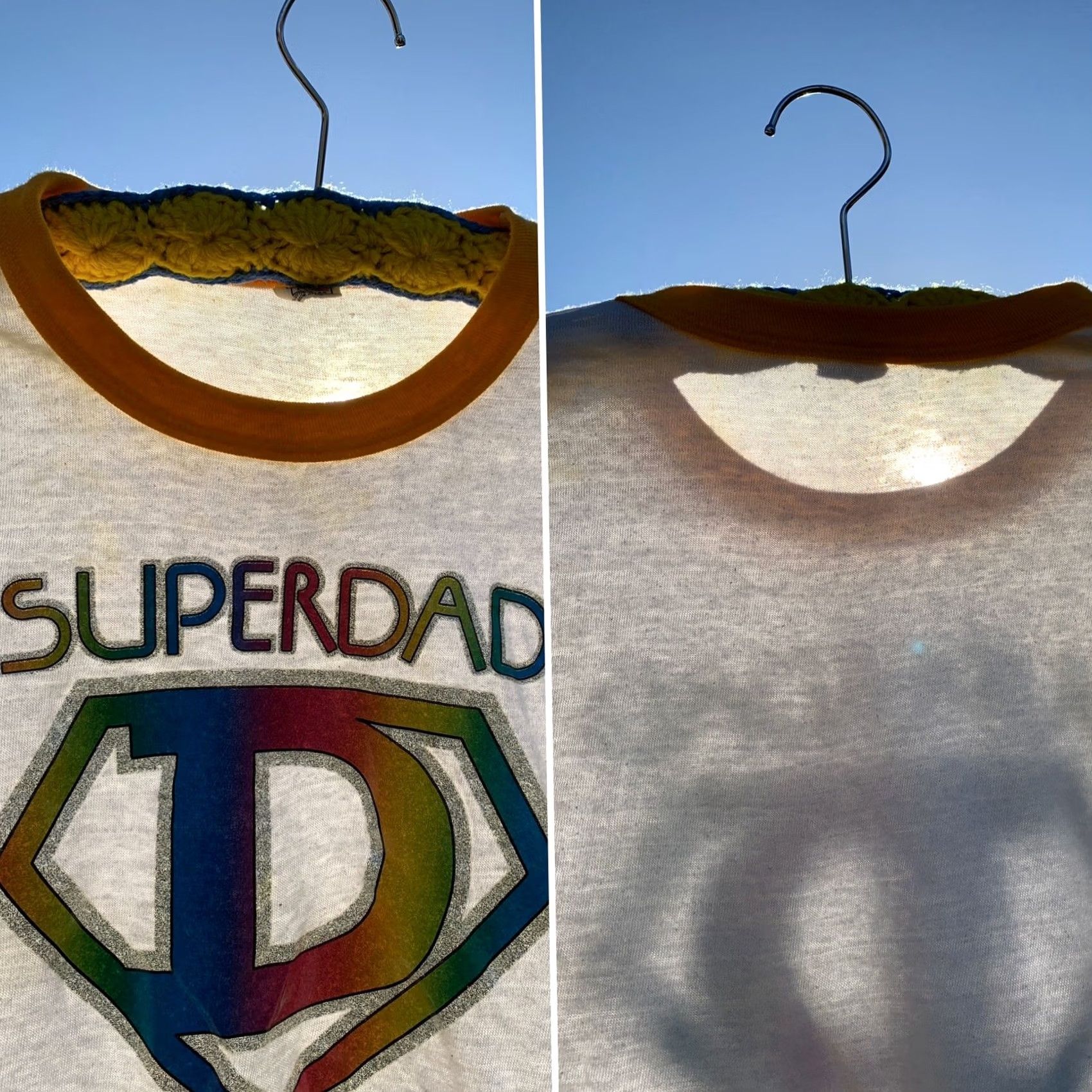 Hanes VINTAGE Hanes Iron On Tee Shirt Rainbow SUPERDAD Yellow Sleeves Ringer Neck 70s L Mens Size US L / EU 52-54 / 3 - 2 Thumbnail
