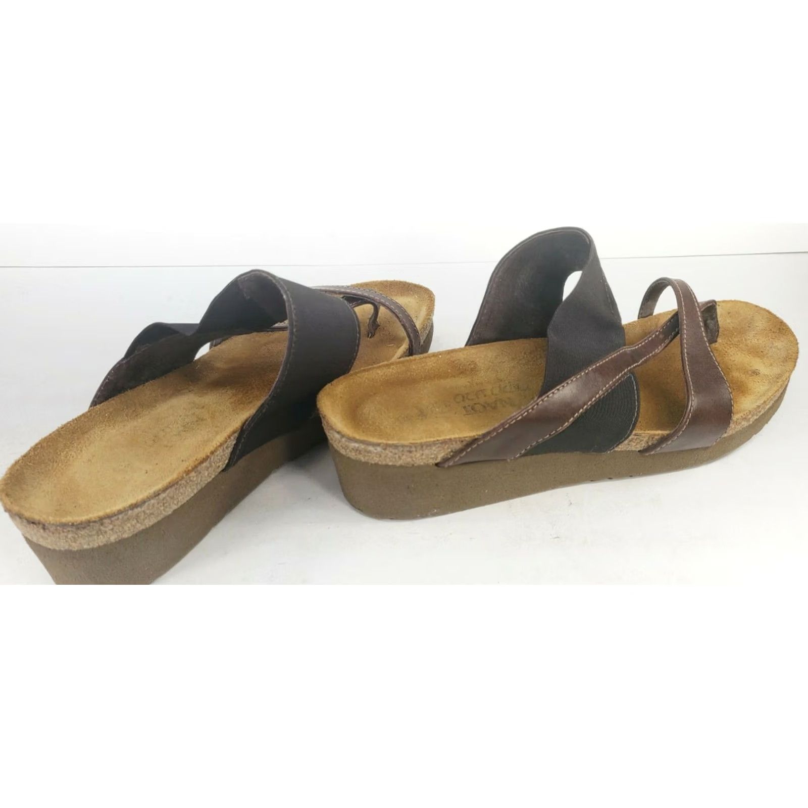 Vintage Naot Orion Brown Leather Fabric Elastic Thong Sandals Isreal Women’s 5M/36E EUC Size US 5 / IT 35 - 3 Thumbnail