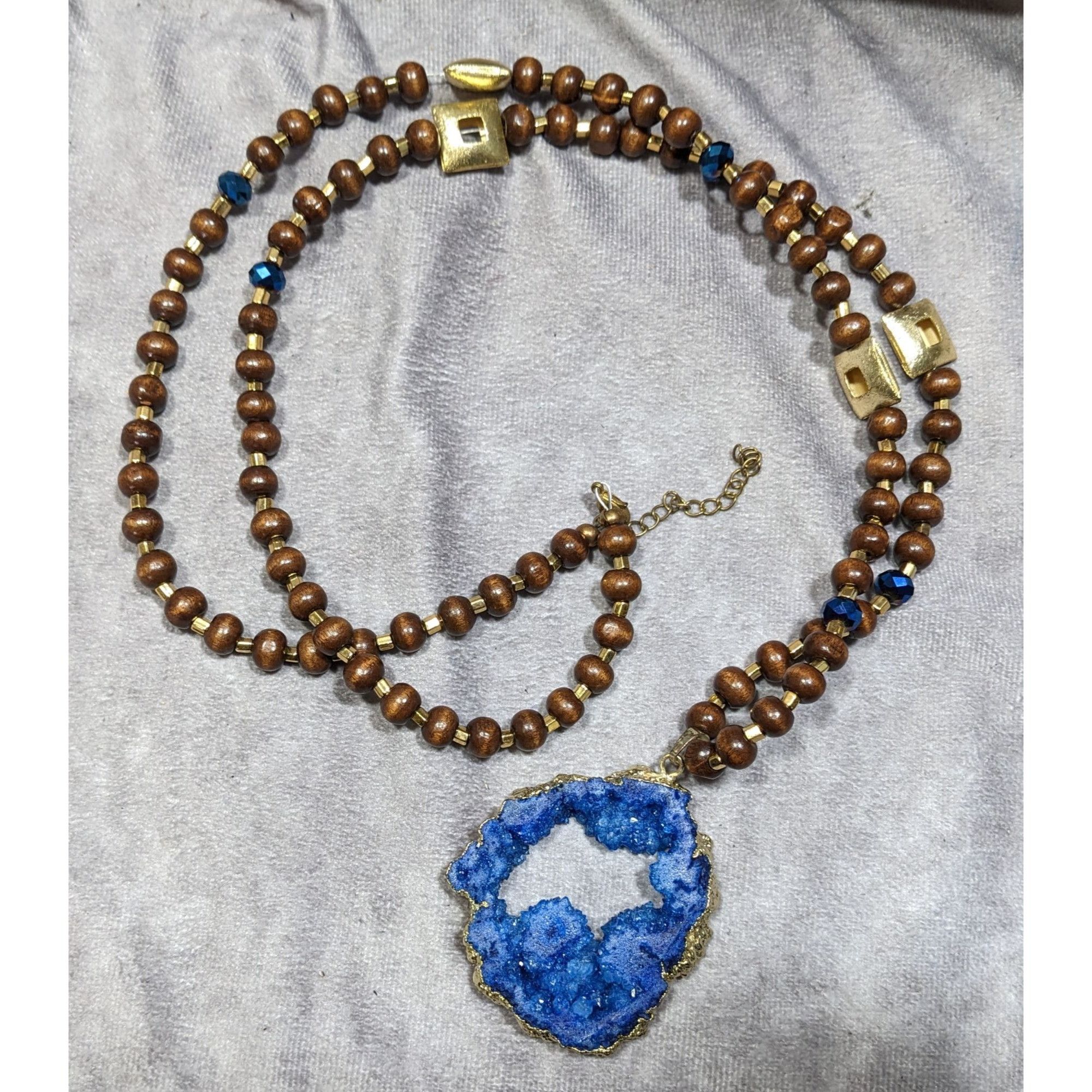 Other Blue Faux Geode Slice Pendant Necklace With Brown Wood And G Size ONE SIZE - 5 Thumbnail
