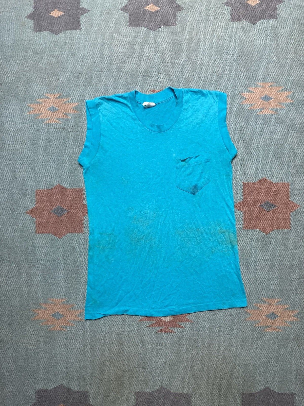 Vintage Vintage 80s pocket t shirt blank teal blue worn soft medium Size US M / EU 48-50 / 2 - 1 Thumbnail