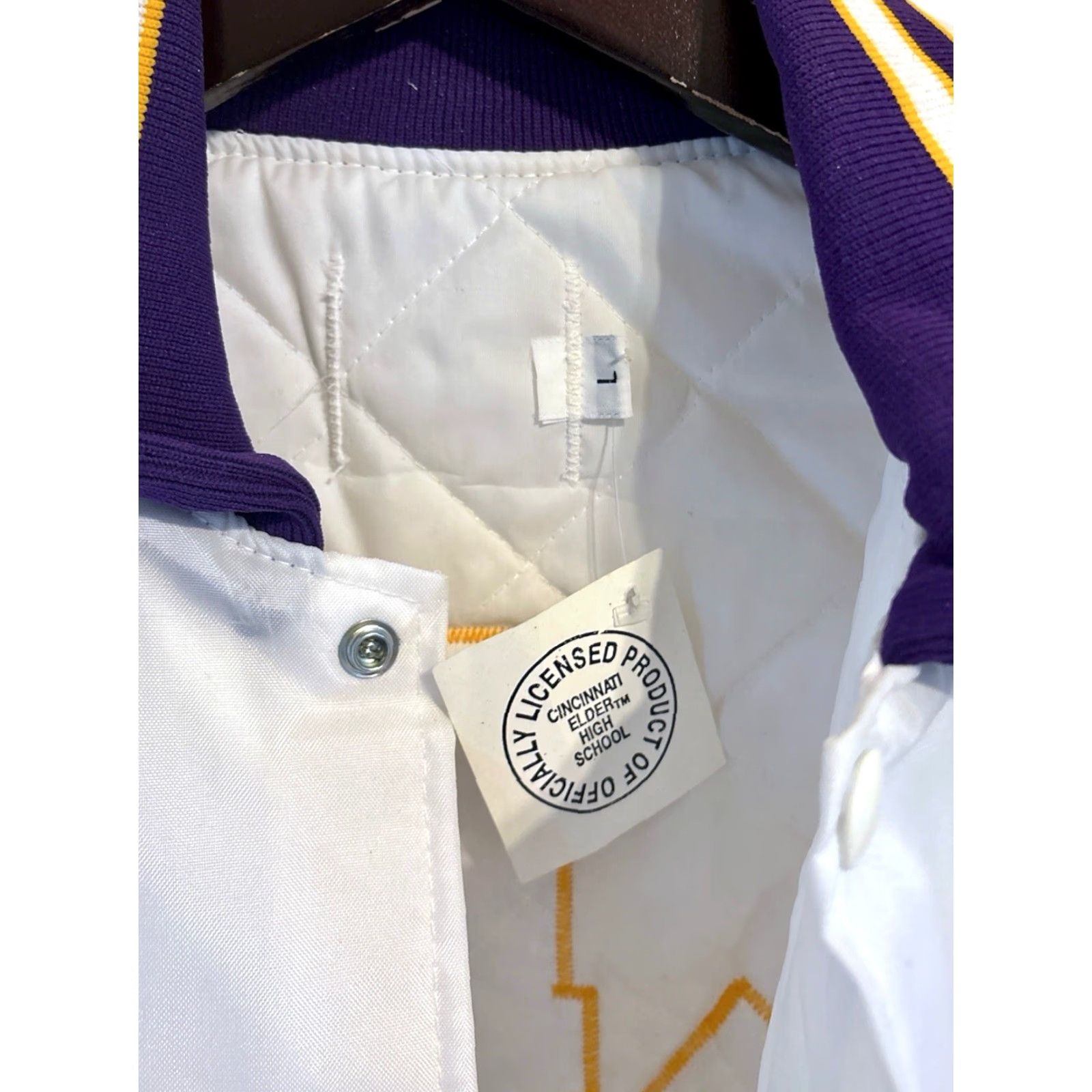 Vintage VINTAGE Elder High School Satin Jacket Mens L Deadstock NWT White Purple Gold Trim 80s Bomber USA Size US L / EU 52-54 / 3 - 3 Thumbnail