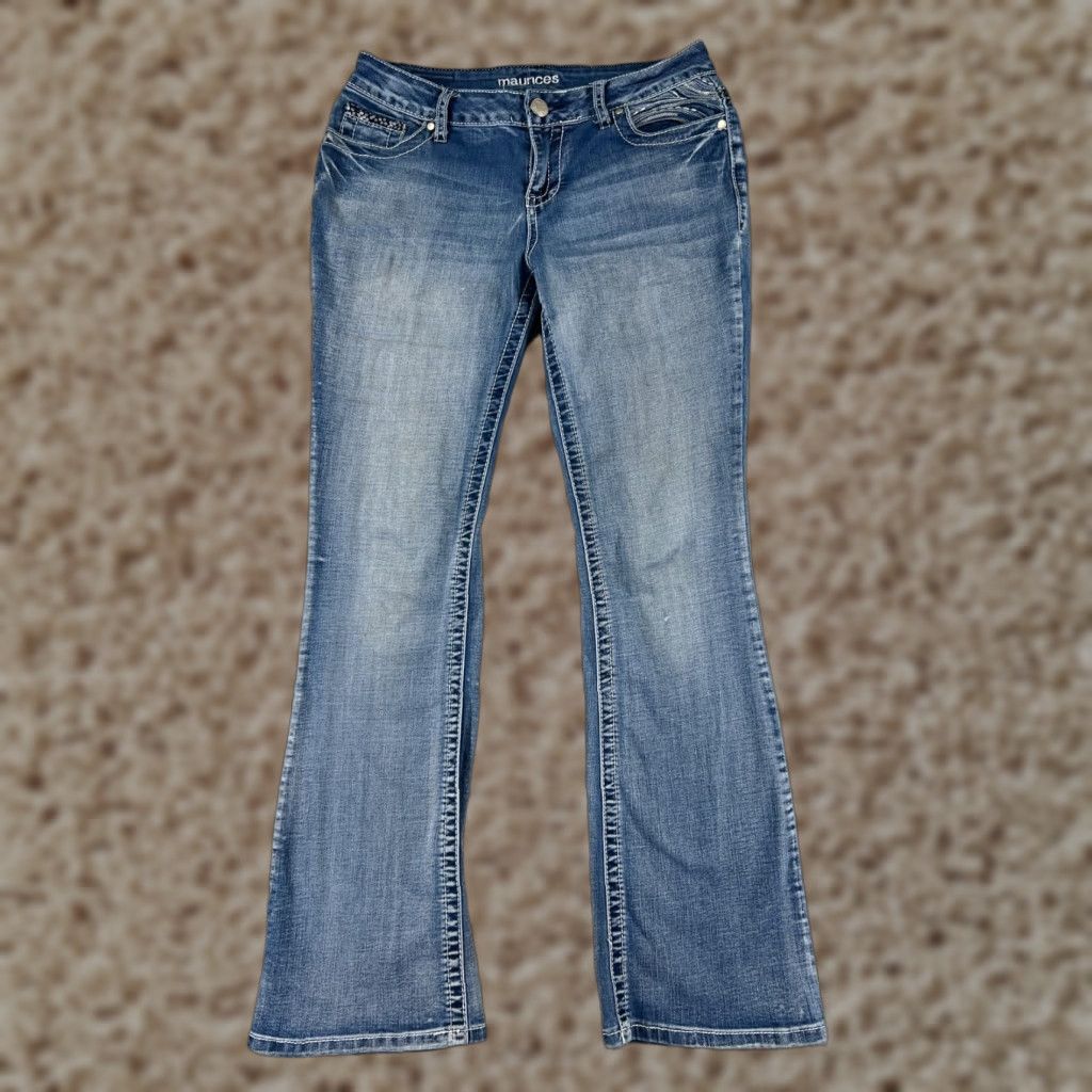 Vintage Maurices Jeans Women Flared Denim 5 Regular Blue 29x31 Stretch Low Rise Womens Cowboy Southwestern 90s Style Size 27" / US 4 / IT 40 - 1 Thumbnail