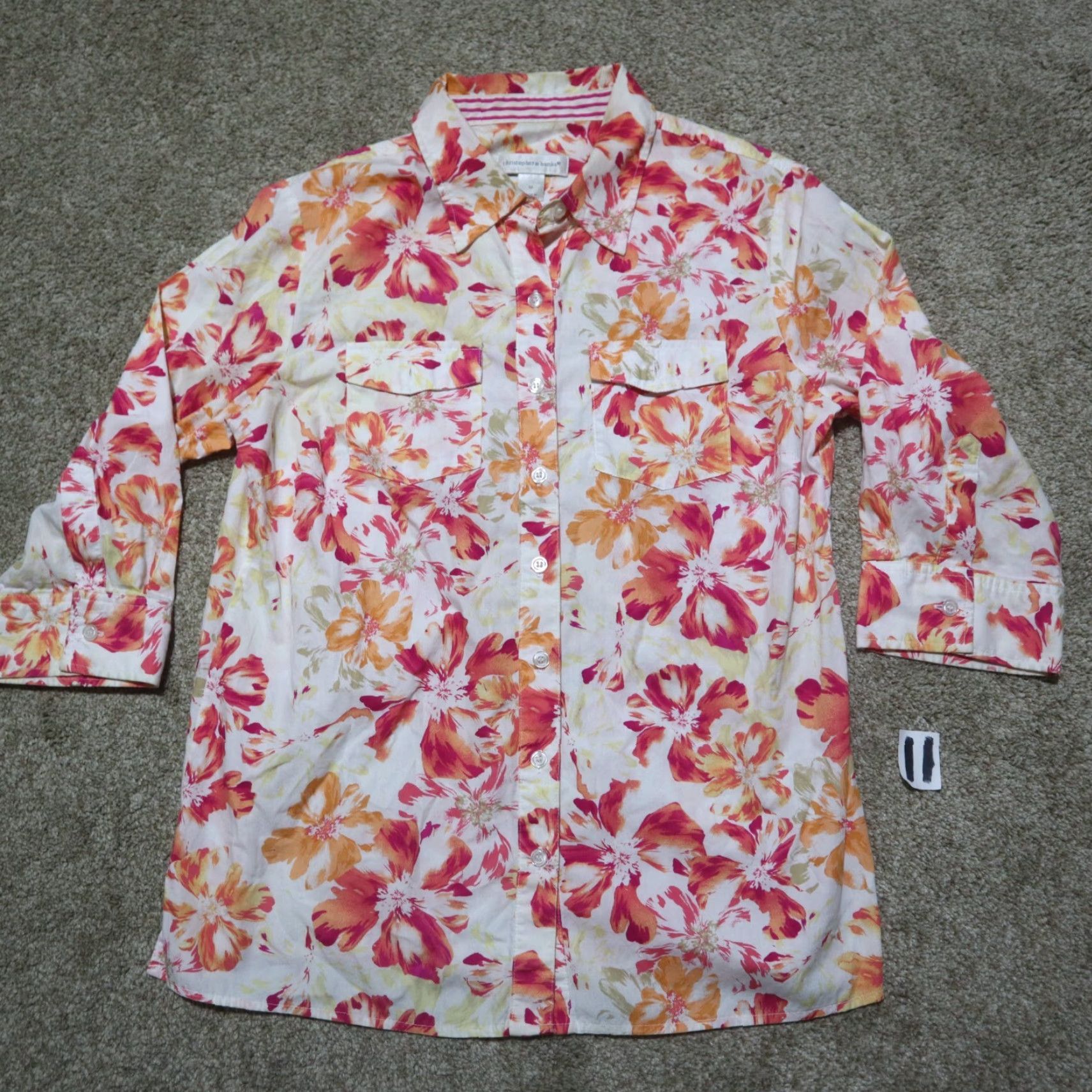 Vintage Christopher & Banks Shirt Flower Floral Red Orange White Button Up Shirt Medium Size M / US 6-8 / IT 42-44 - 2 Thumbnail
