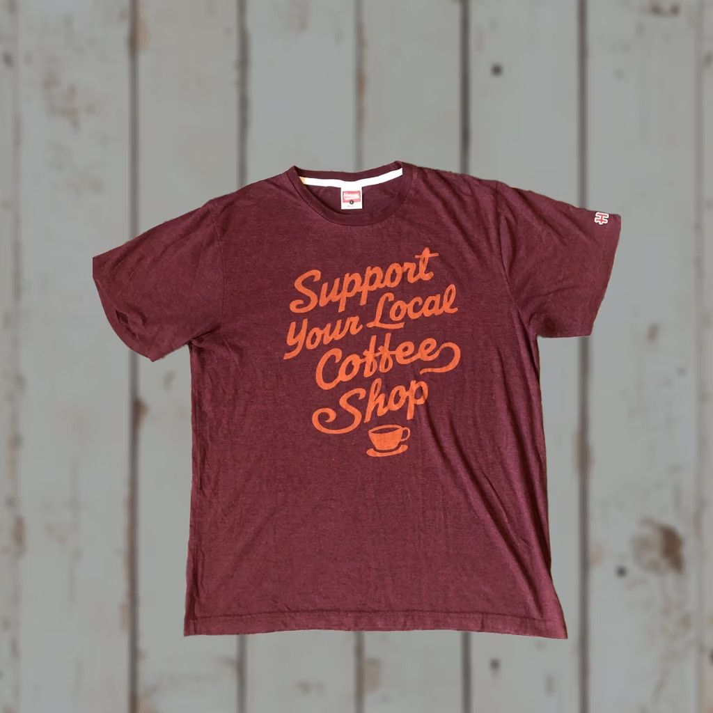 Vintage VINTAGE Homage Shirt Mens Large Maroon Support Your Local Coffee Shop Graphic Tee USA Size US L / EU 52-54 / 3 - 1 Thumbnail