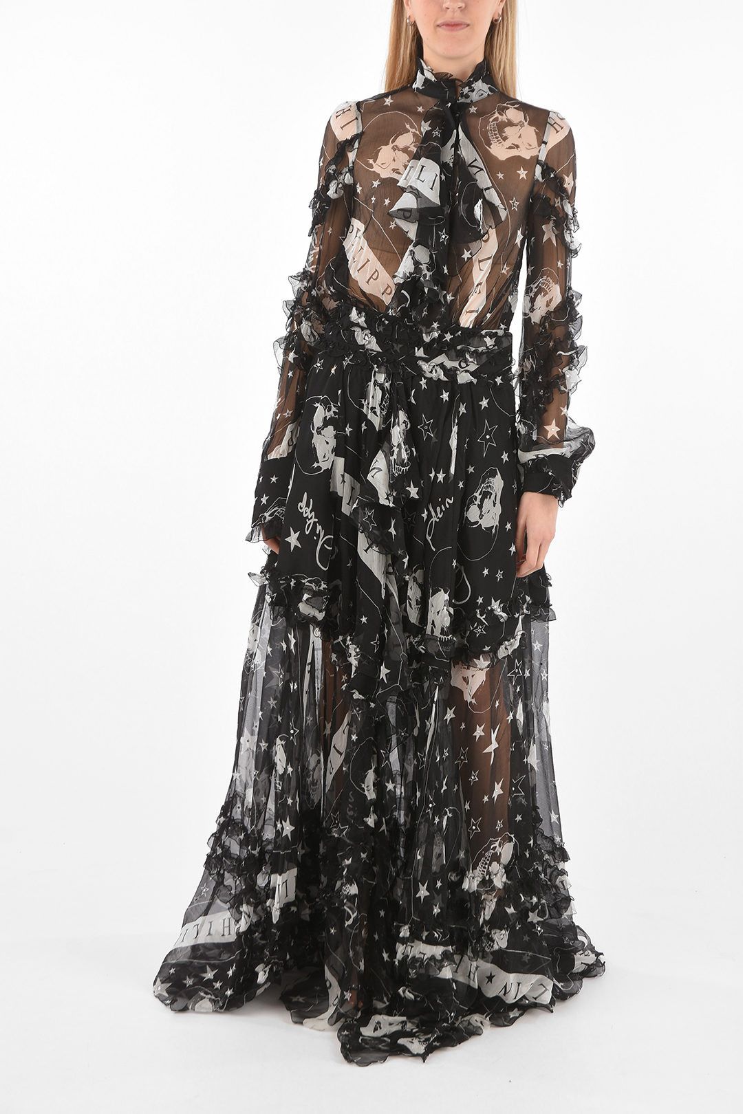 Philipp Plein og1mm0824 Sheer Silk Ruffles Floor Dress With Tie Neck Size XS / US 0-2 / IT 36-38 - 1 Thumbnail