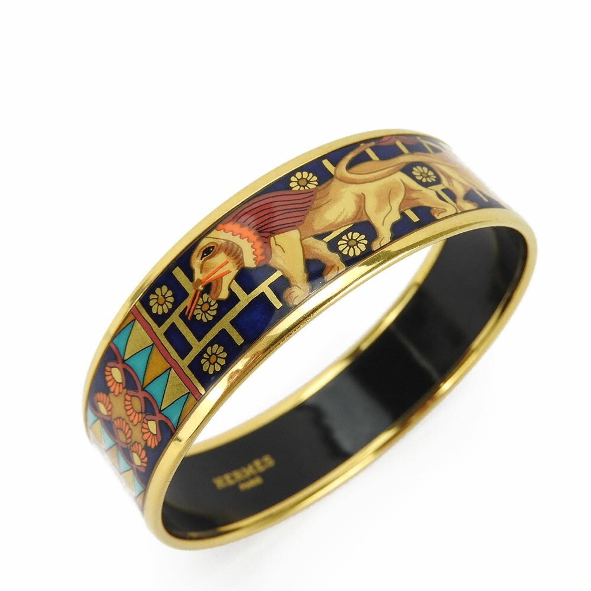 image of Hermes Bracelet Enamel Metal Cloisonné Navy Gold Orange Gp Lion Ladies Hermes, Women's