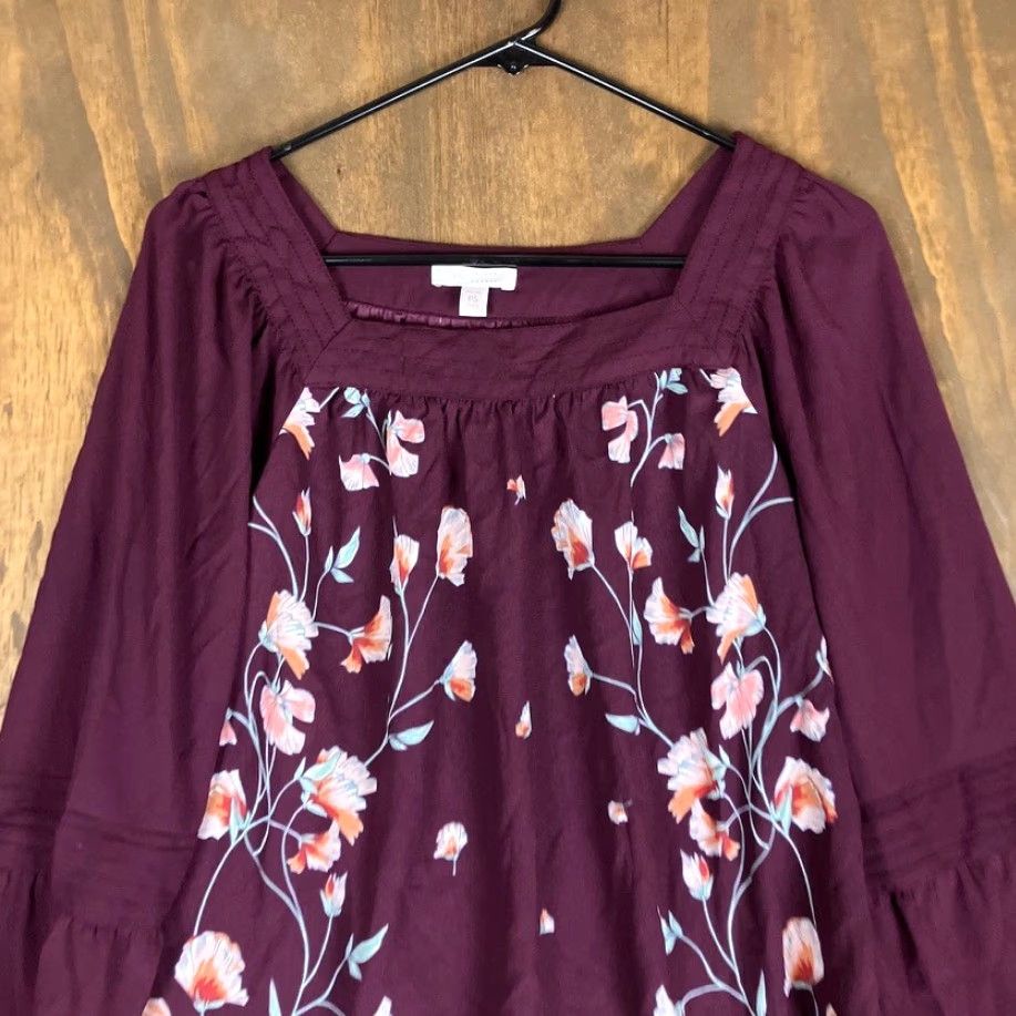 Lauren Conrad LC Lauren Conrad Blouse Womens Burgundy Petite Floral Square Neck Long Sleeve PS Size S / US 4 / IT 40 - 2 Thumbnail
