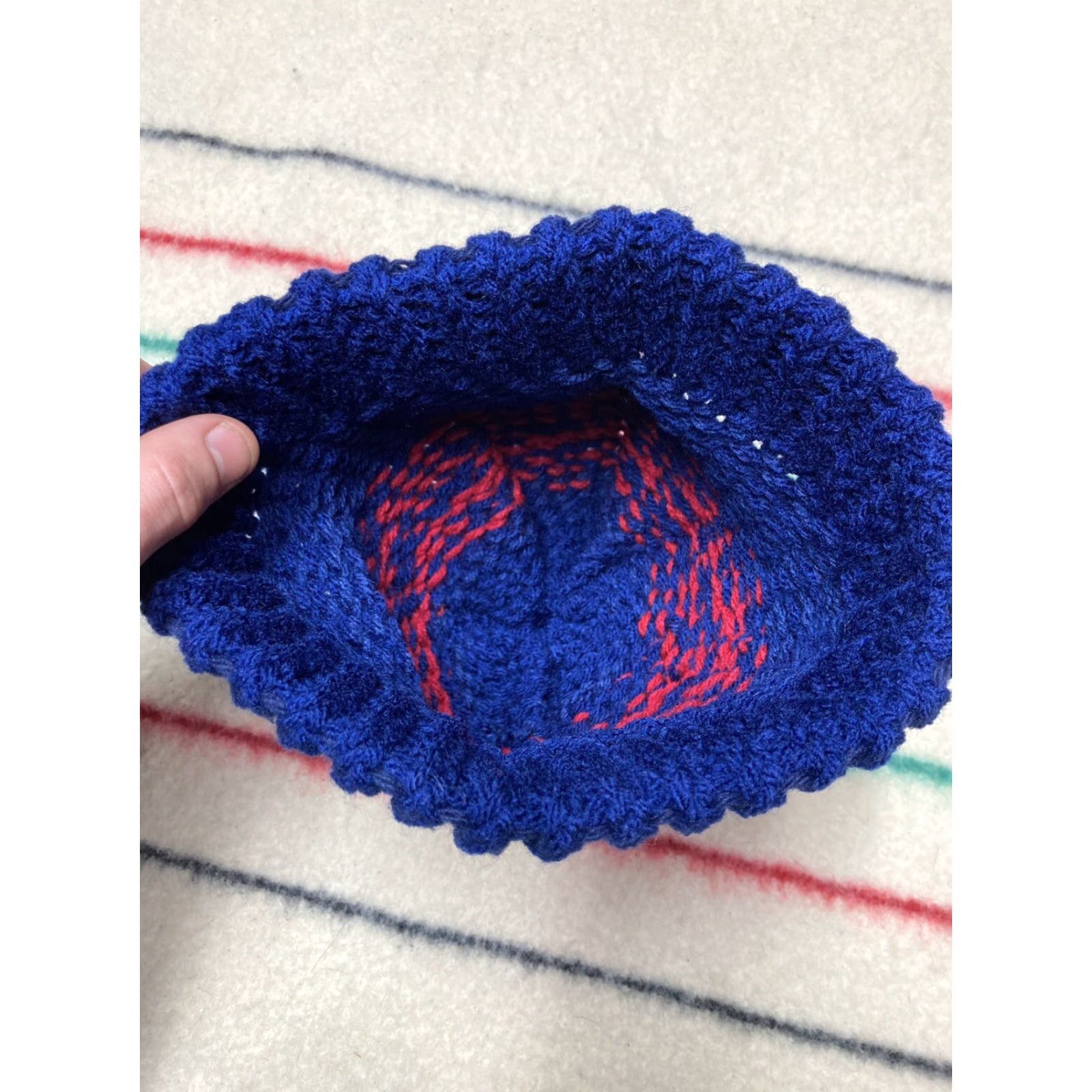Vintage Crochet knit beanie hand made red blue custom cap snow toboggan soft adult Beanie Women One Size Red Blue Knit Crochet Accessories Size ONE SIZE - 3 Thumbnail