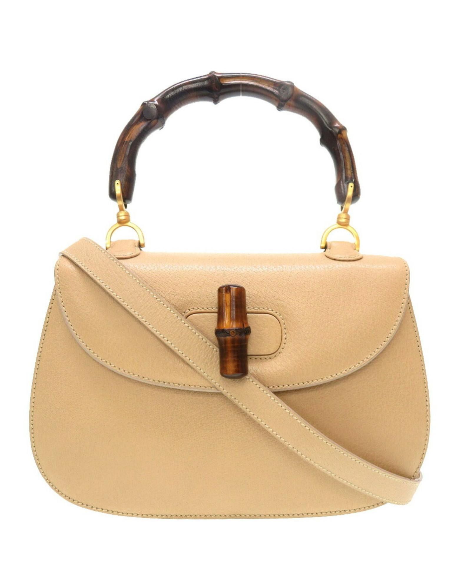 image of Gucci Sophisticated Beige Leather Handbag With Bamboo Detailing, Women's