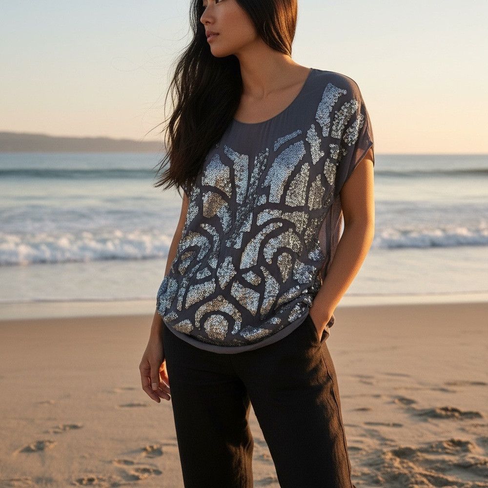 Other Gold Hawk 100% Silk Sequin Grey Tunic Top Mini Dress Size X Size XS / US 0-2 / IT 36-38 - 1 Thumbnail